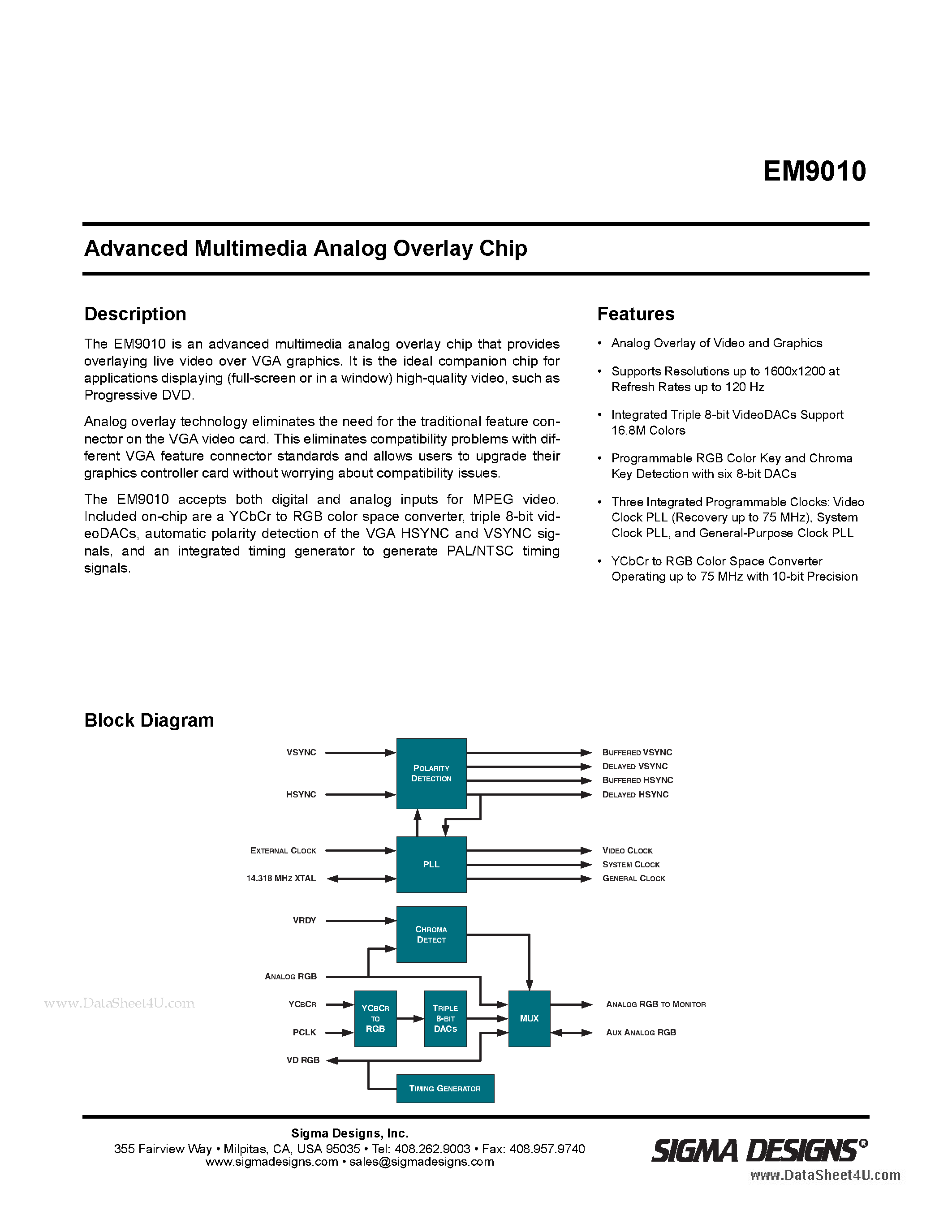 Datasheet EM9010 - Advanced Multimedia Analog Overlay Chip page 1