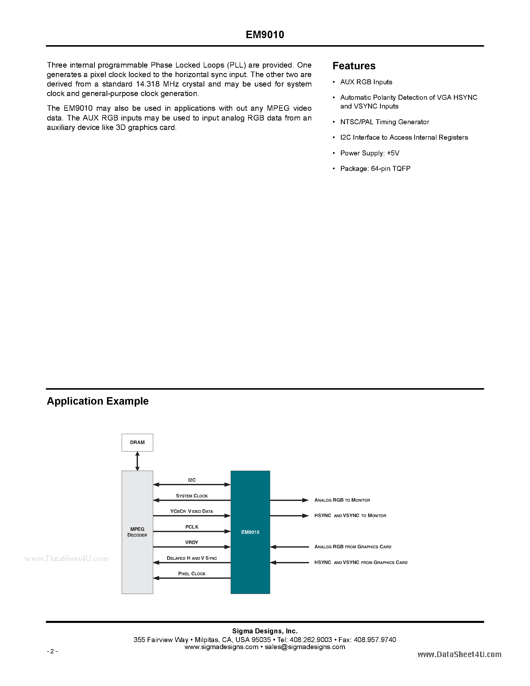Datasheet EM9010 - Advanced Multimedia Analog Overlay Chip page 2