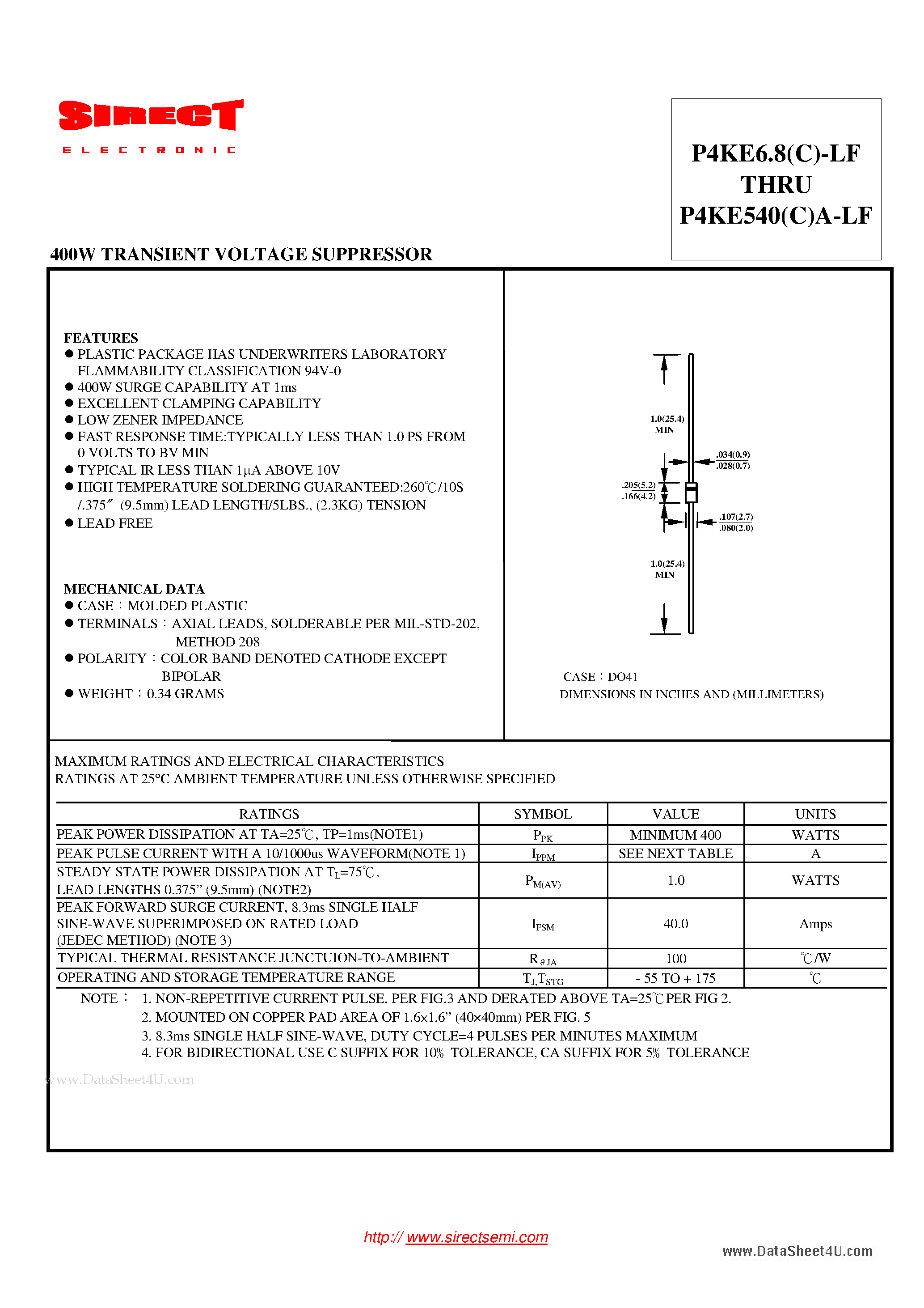 Datasheet P4KE10-LF - (P4KExxx-LF) 400W TRANSIENT VOLTAGE SUPPRESSOR page 1