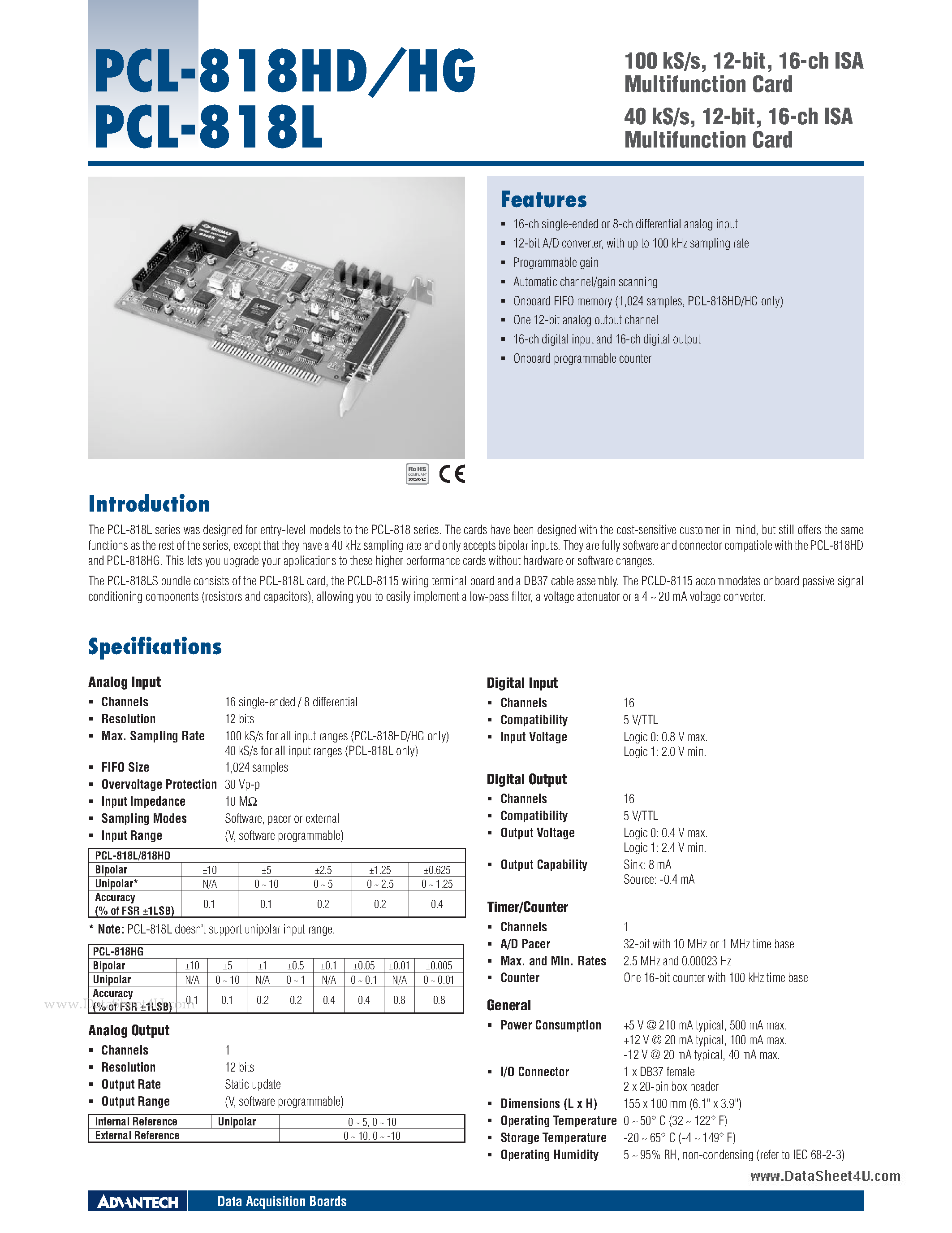 Datasheet PCL-818HD - 40 kS/s 12-bit 16-ch ISA Multifunction Card page 1