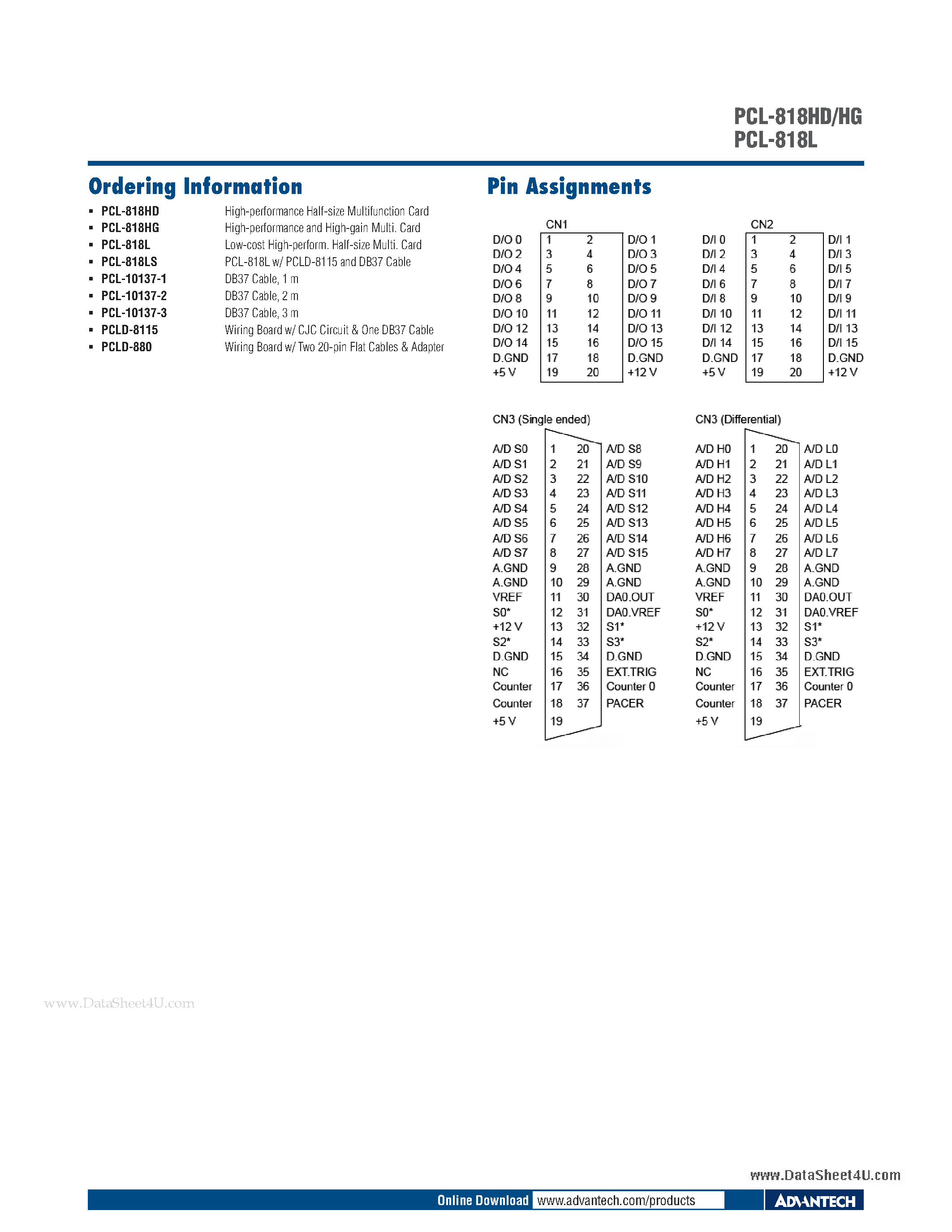 Datasheet PCL-818HD - 40 kS/s 12-bit 16-ch ISA Multifunction Card page 2