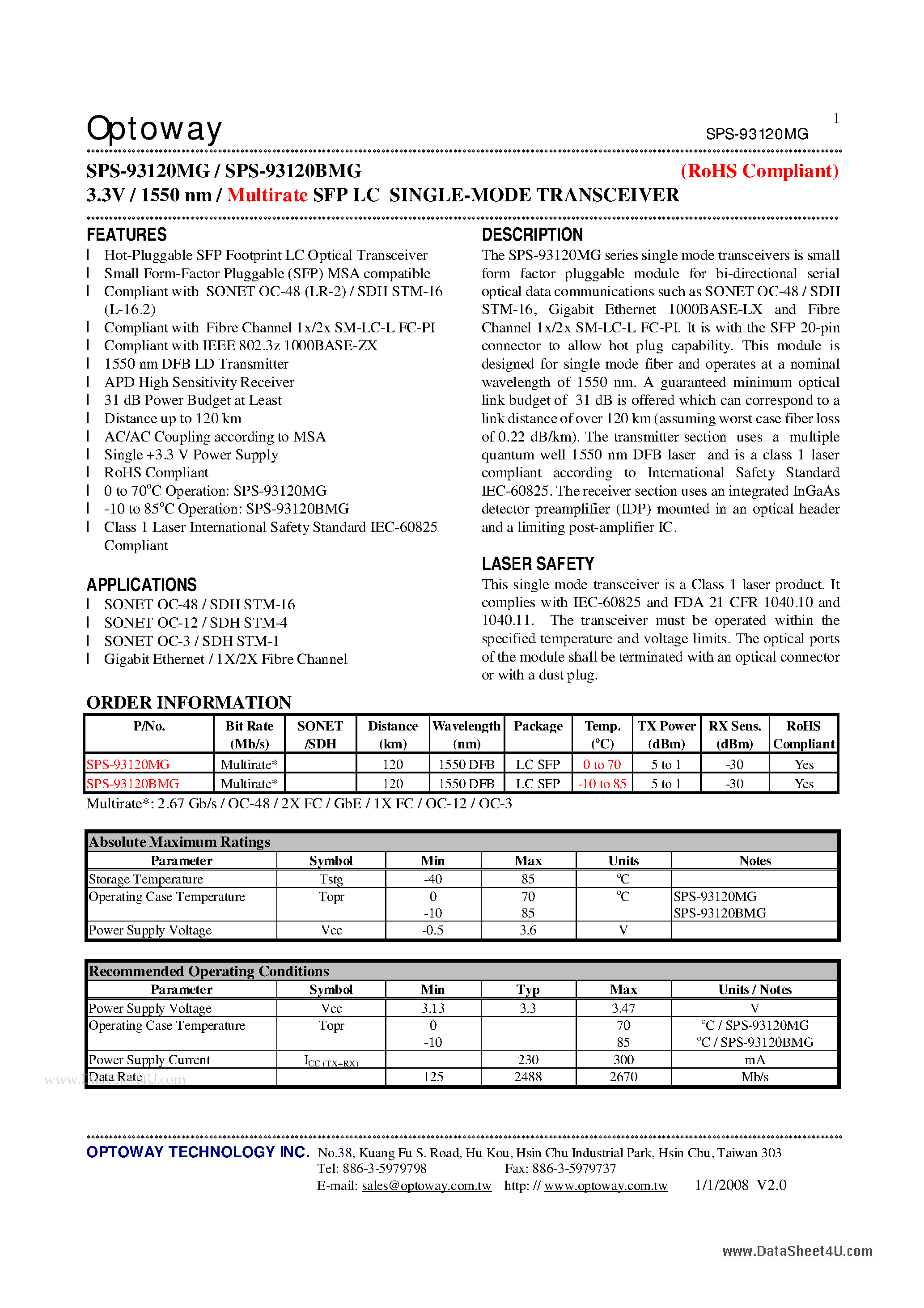 Datasheet SPS-93120BMG - 3.3V / 1550 nm / Multirate SFP LC SINGLE-MODE TRANSCEIVER page 1