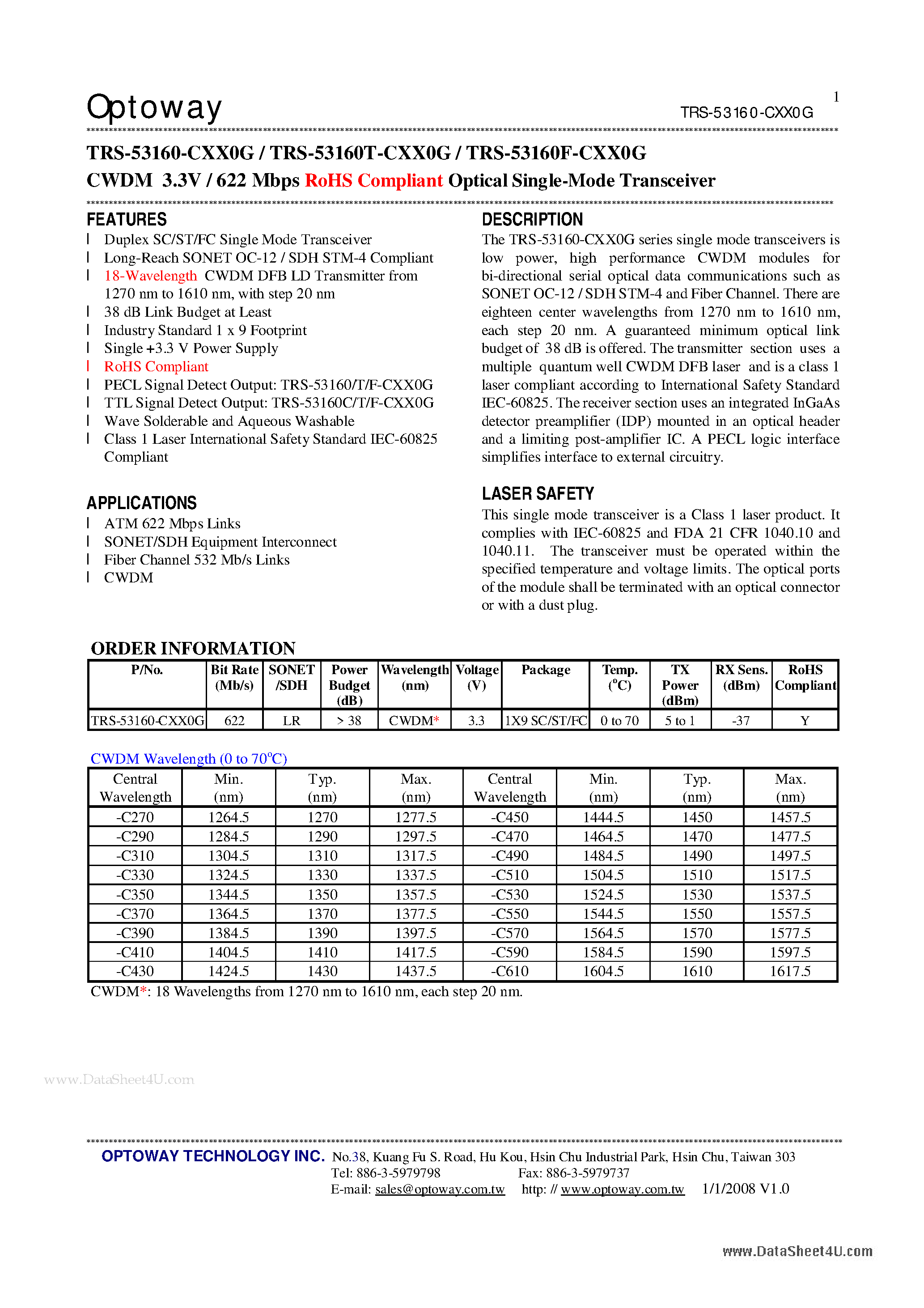 Datasheet TRS-53160-CXX0G page 1 Datasheet TRS-53160-CXX0G - CWDM 3.3V / 622 Mbps RoHS Compliant Optical Single-Mode Transceiver page 1