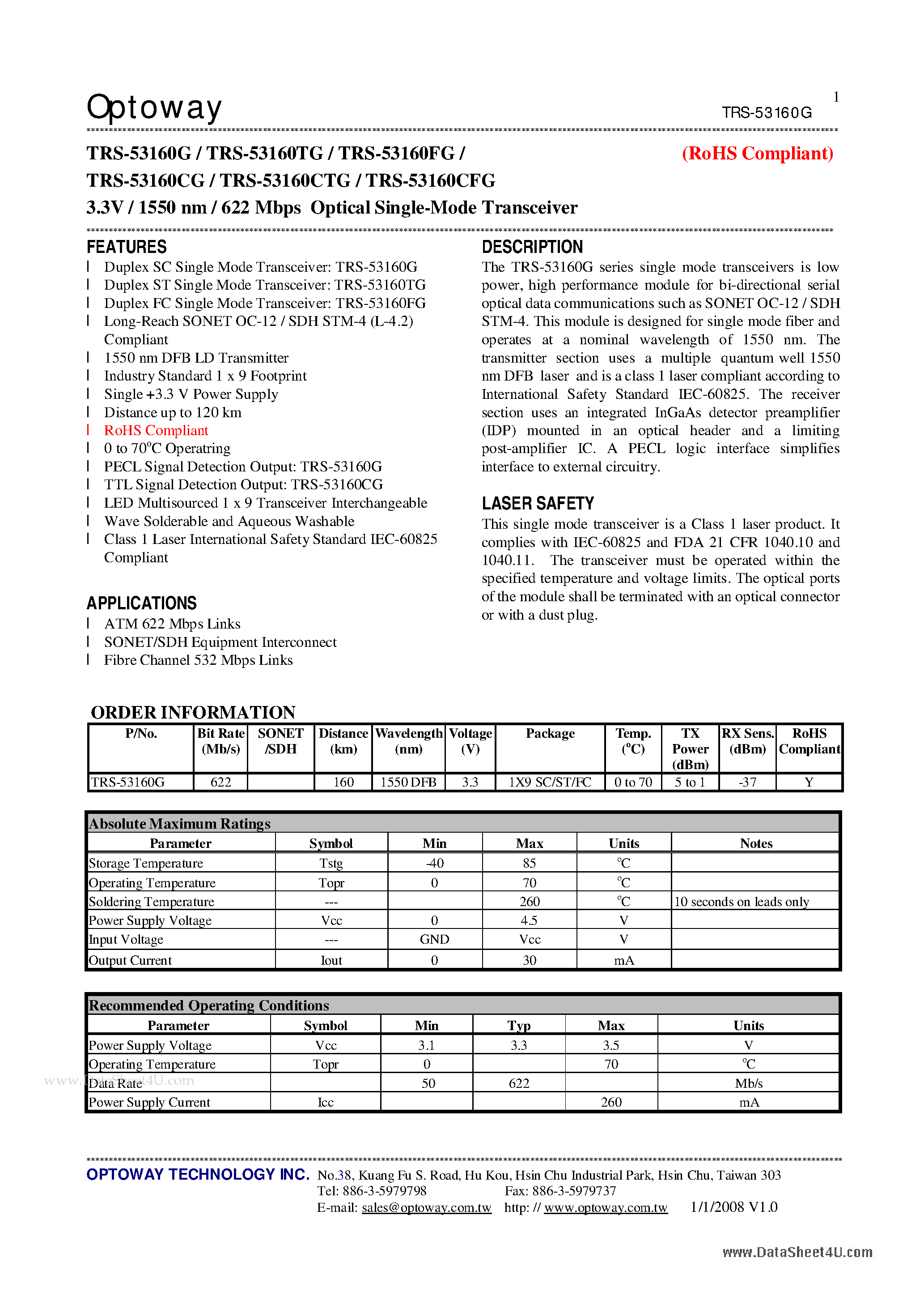 Datasheet TRS-53160CFG - 3.3V / 1550 nm / 622 Mbps Optical Single-Mode Transceiver page 1