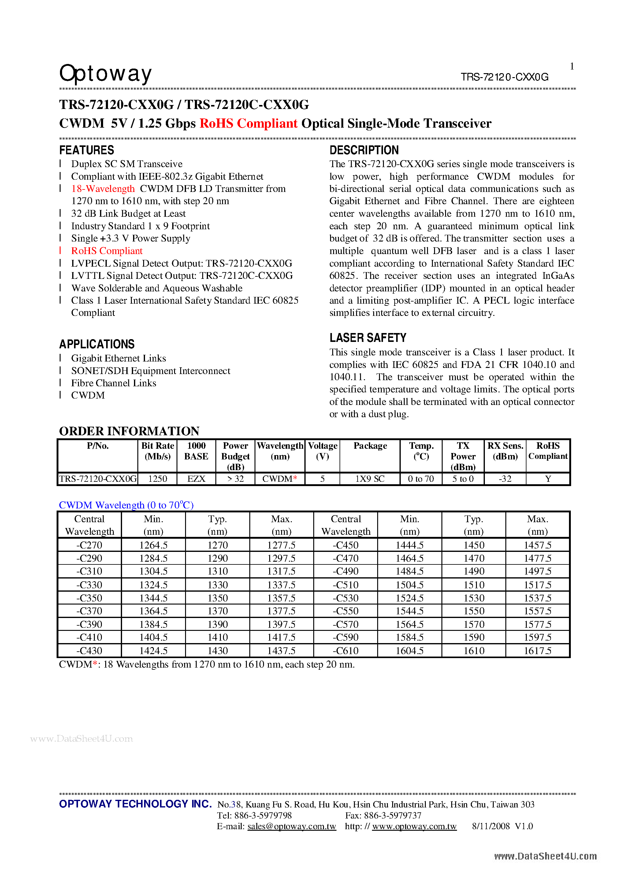 Datasheet TRS-72120-CXX0G - CWDM 5V / 1.25 Gbps RoHS Compliant Optical Single-Mode Transceiver page 1