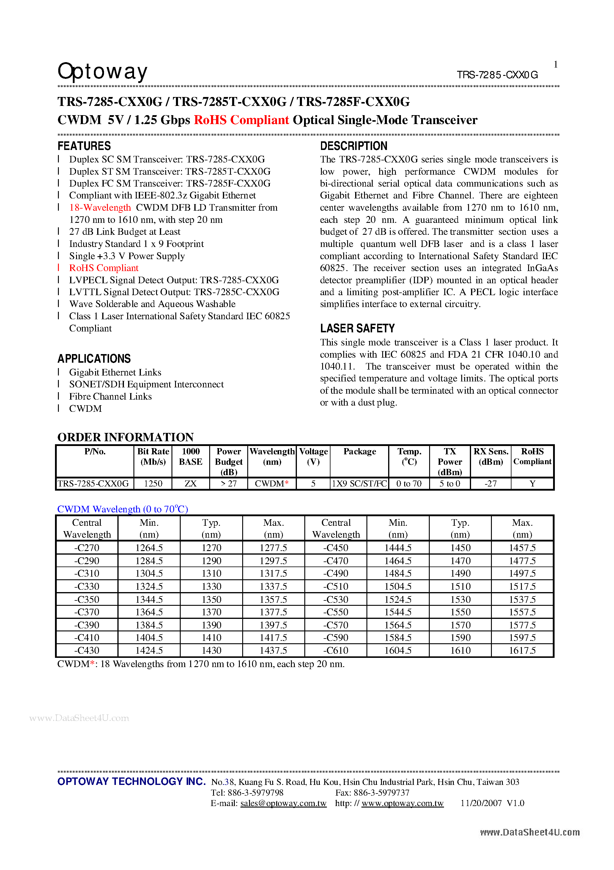 Datasheet TRS-7285-CXX0G - CWDM 5V / 1.25 Gbps RoHS Compliant Optical Single-Mode Transceiver page 1