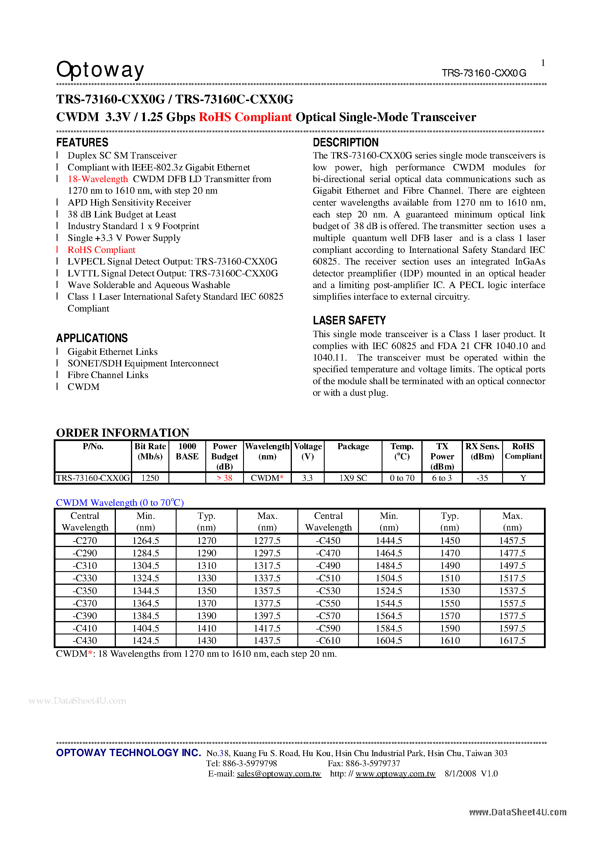 Datasheet TRS-73160-CXX0G page 1 Datasheet TRS-73160-CXX0G - CWDM 3.3V / 1.25 Gbps RoHS Compliant Optical Single-Mode Transceiver page 1