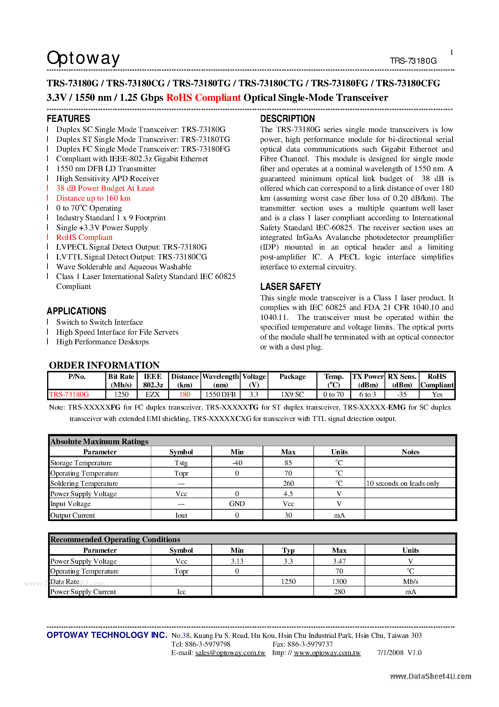 Datasheet TRS-73180CFG - 3.3V / 1550 nm / 1.25 Gbps RoHS Compliant Optical Single-Mode Transceiver page 1