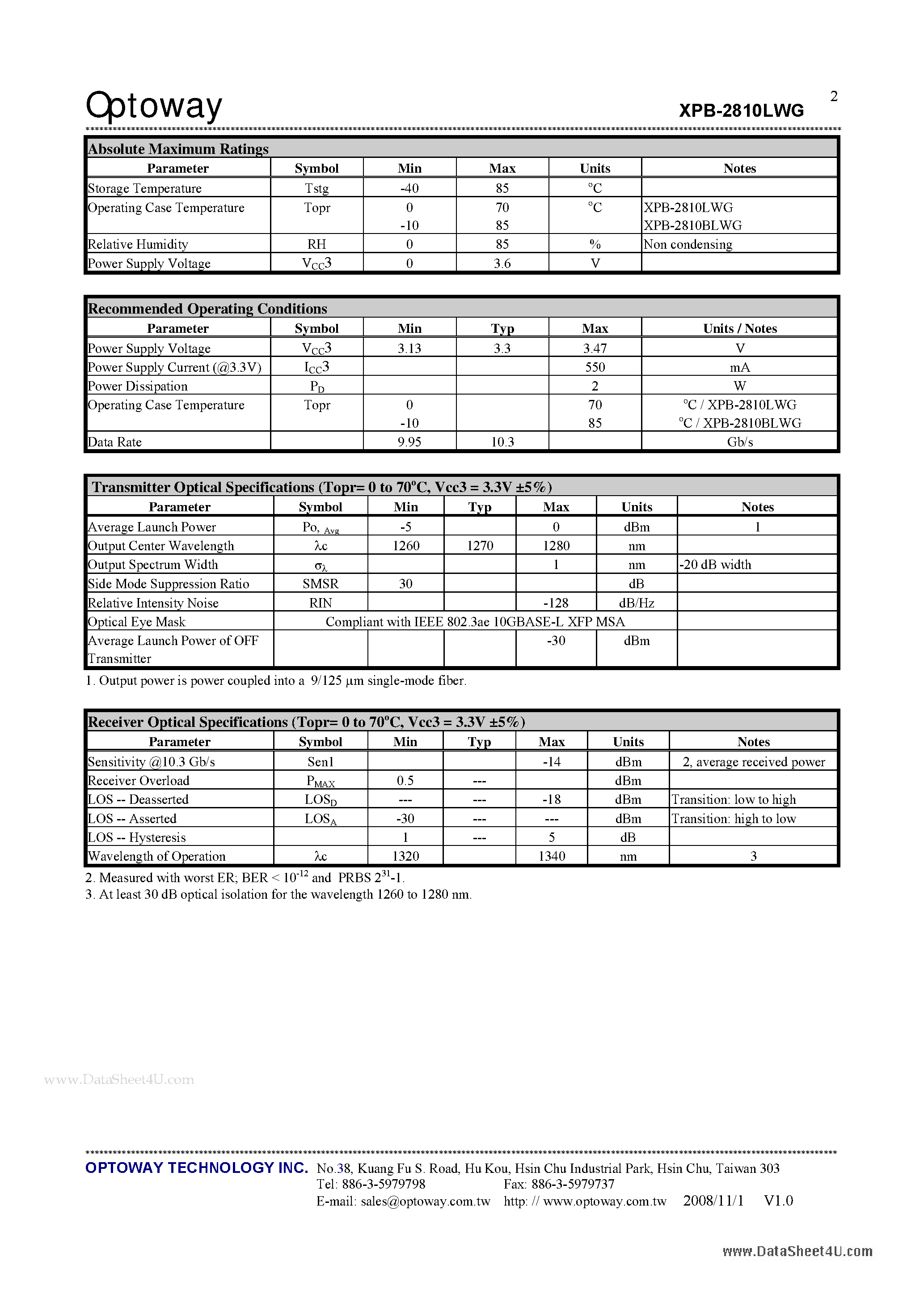 Datasheet XPB-2810LWG page 2 Datasheet XPB-2810LWG - 1270 nm TX / 1330 nm RX 10.3 Gbps 1-Fiber Single-Mode LC XFP Transceiver page 2