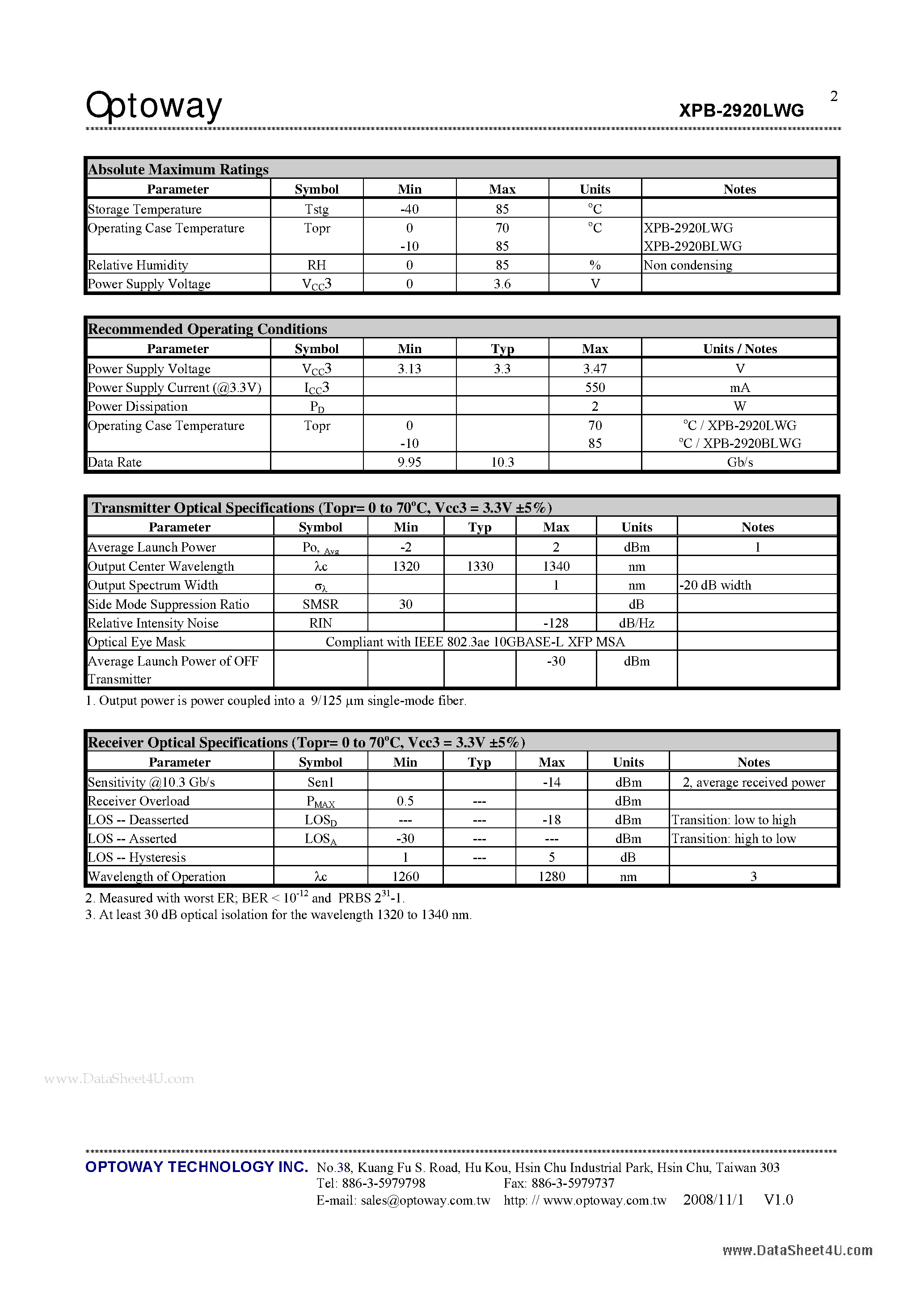 Datasheet XPS-2920BLWG page 2 Datasheet XPS-2920BLWG - 1330 nm TX/ 1270 nm RX 10.3 Gbps 1-Fiber Single-Mode LC XFP Transceiver page 2