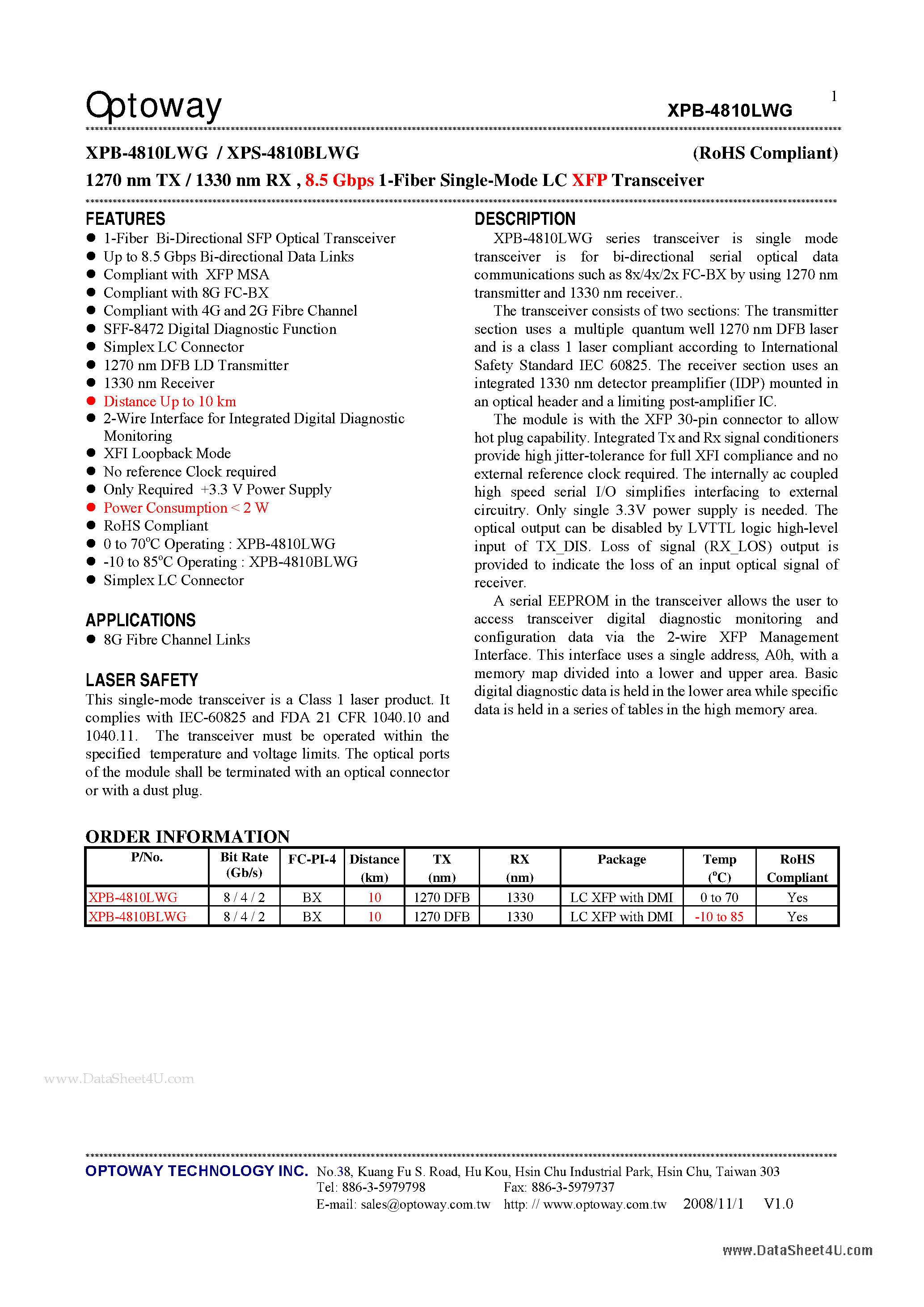 Даташит XPB-4810LWG - 1270 nm TX/ 1330 nm RX 8.5 Gbps 1-Fiber Single-Mode LC XFP Transceiver страница 1
