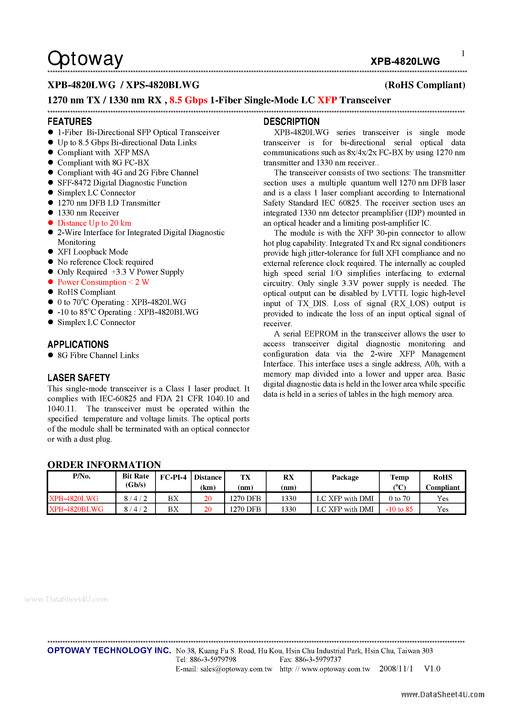 Даташит XPB-4820LWG - 1270 nm TX/ 1330 nm RX 8.5 Gbps 1-Fiber Single-Mode LC XFP Transceiver страница 1