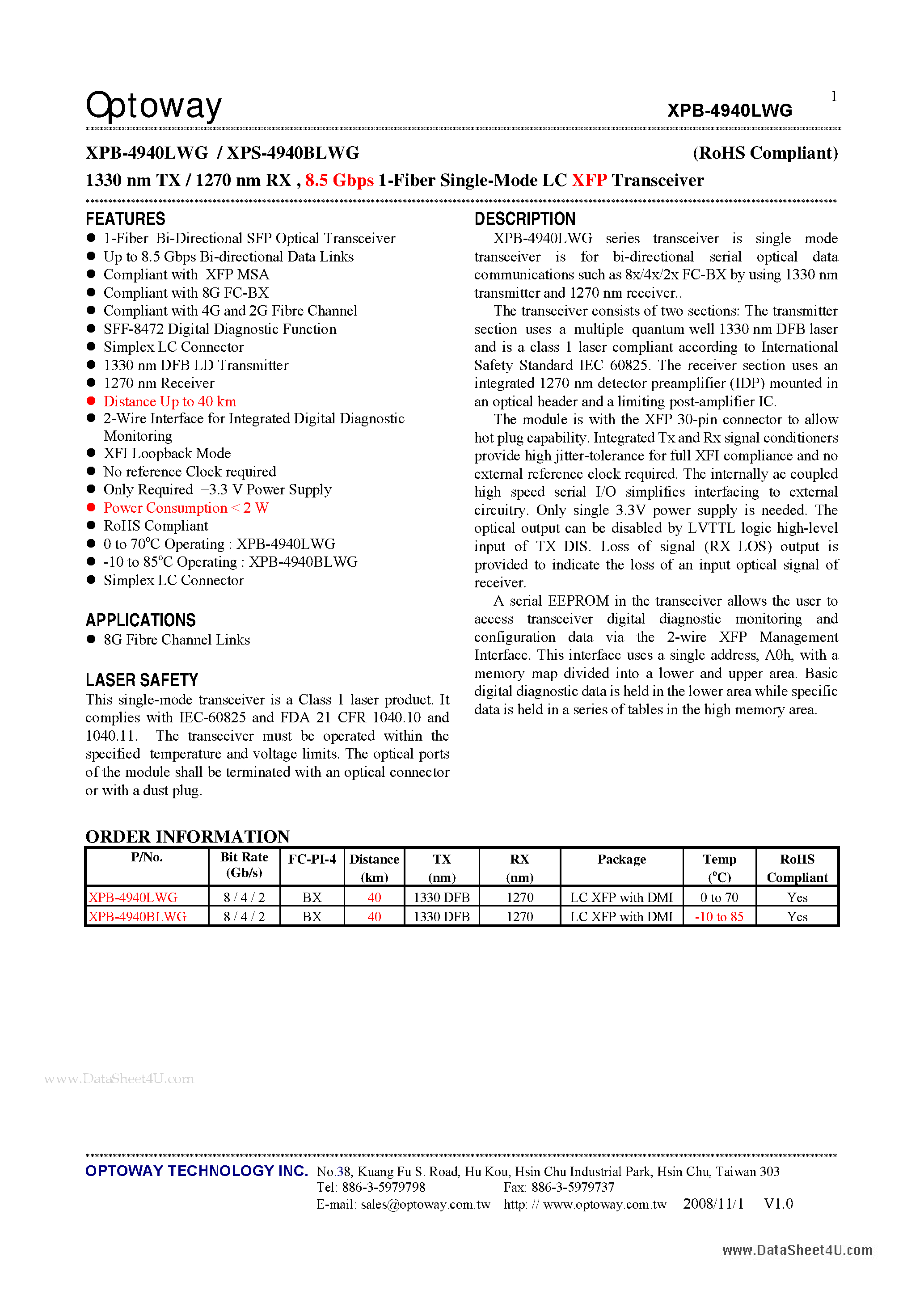 Даташит XPS-4940BLWG - 1330 nm TX/ 1270 nm RX 8.5 Gbps 1-Fiber Single-Mode LC XFP Transceiver страница 1