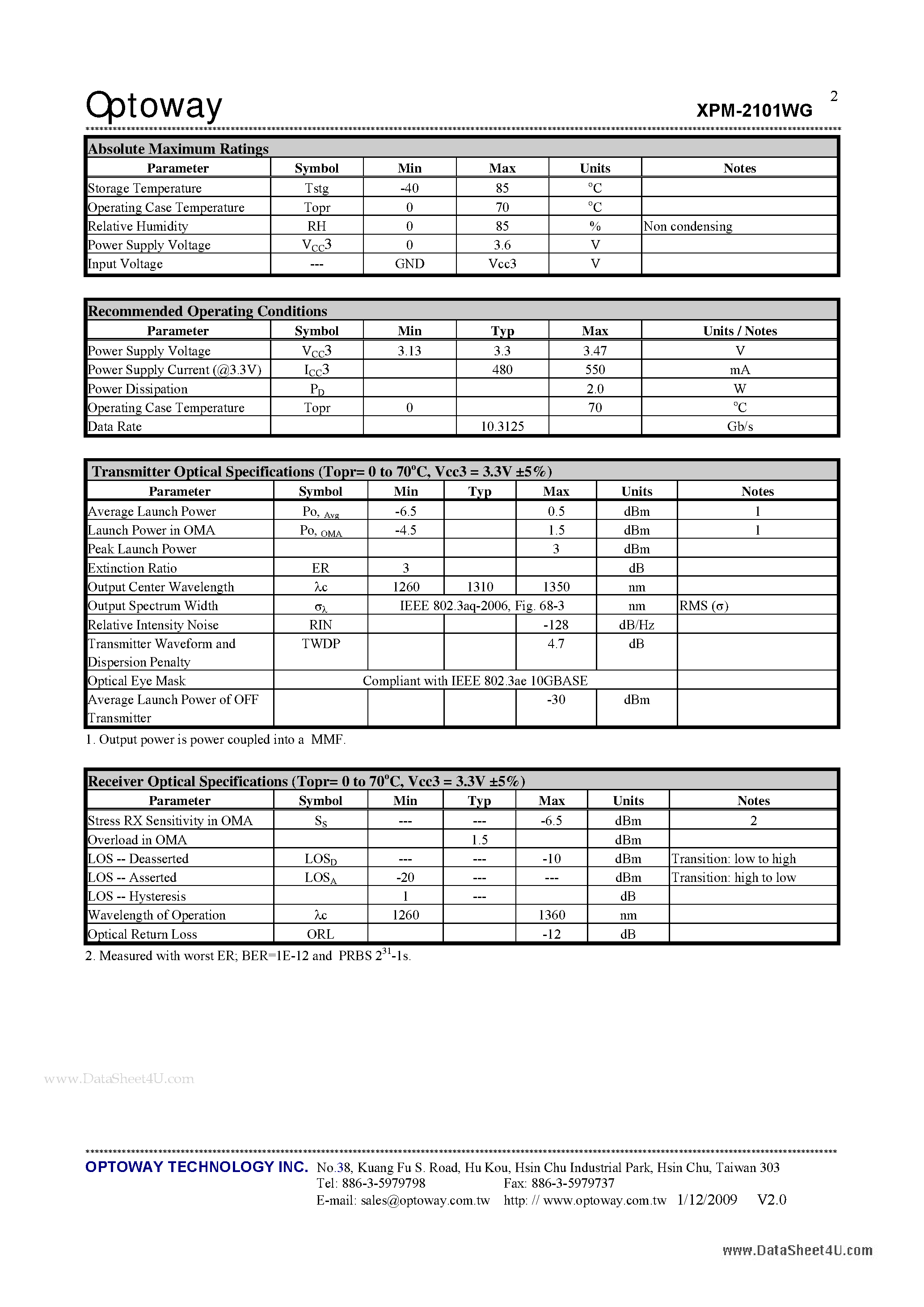 Даташит на микросхему XPM-2101WG страница 2 Даташит XPM-2101WG - 10Gb/s 1310 nm XFP Extended Multi-Mode Optical Transceiver страница 2