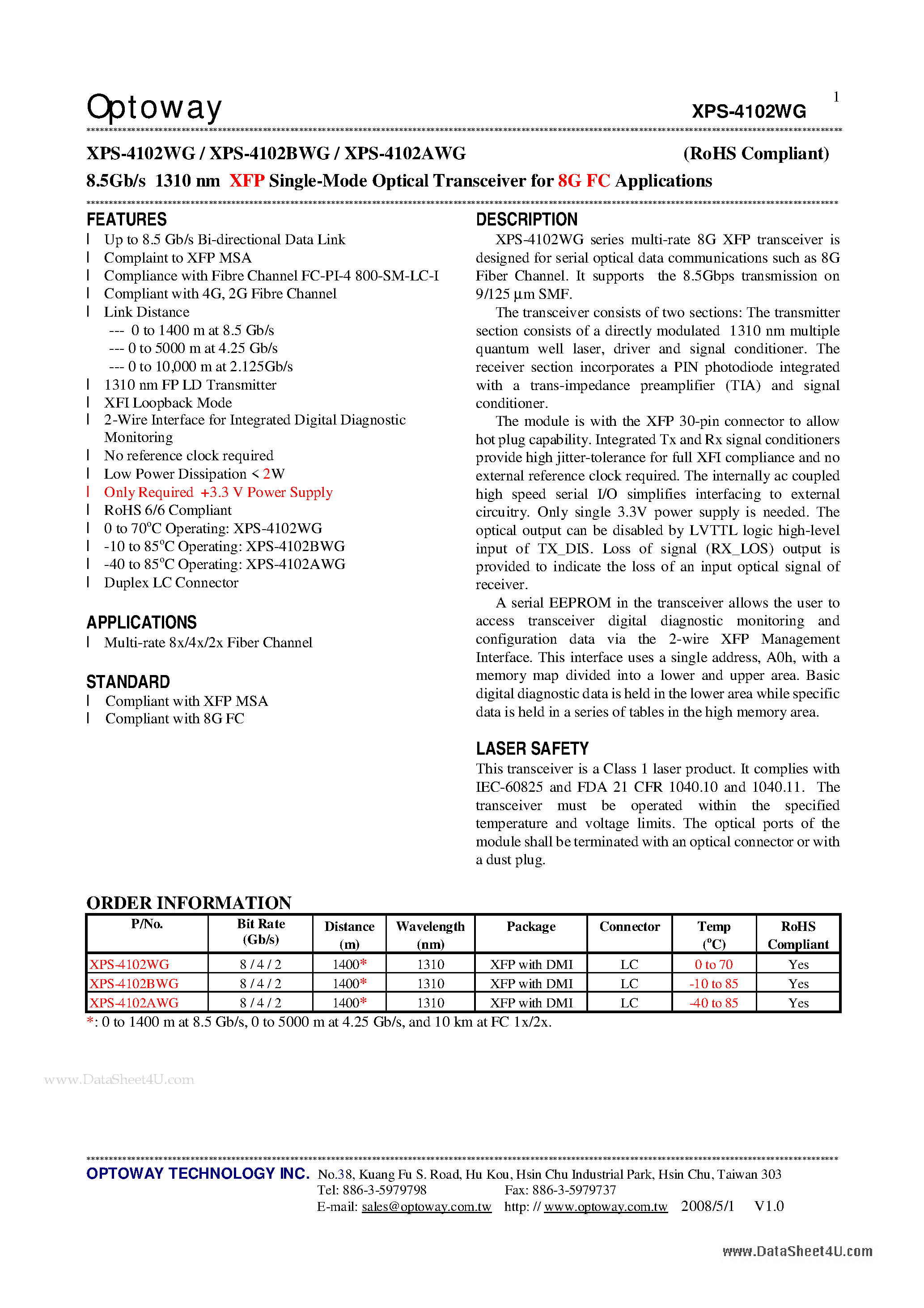 Даташит на микросхему XPS-4102AWG страница 1 Даташит XPS-4102AWG - 8.5Gb/s 1310 nm XFP Single-Mode Optical Transceiver страница 1