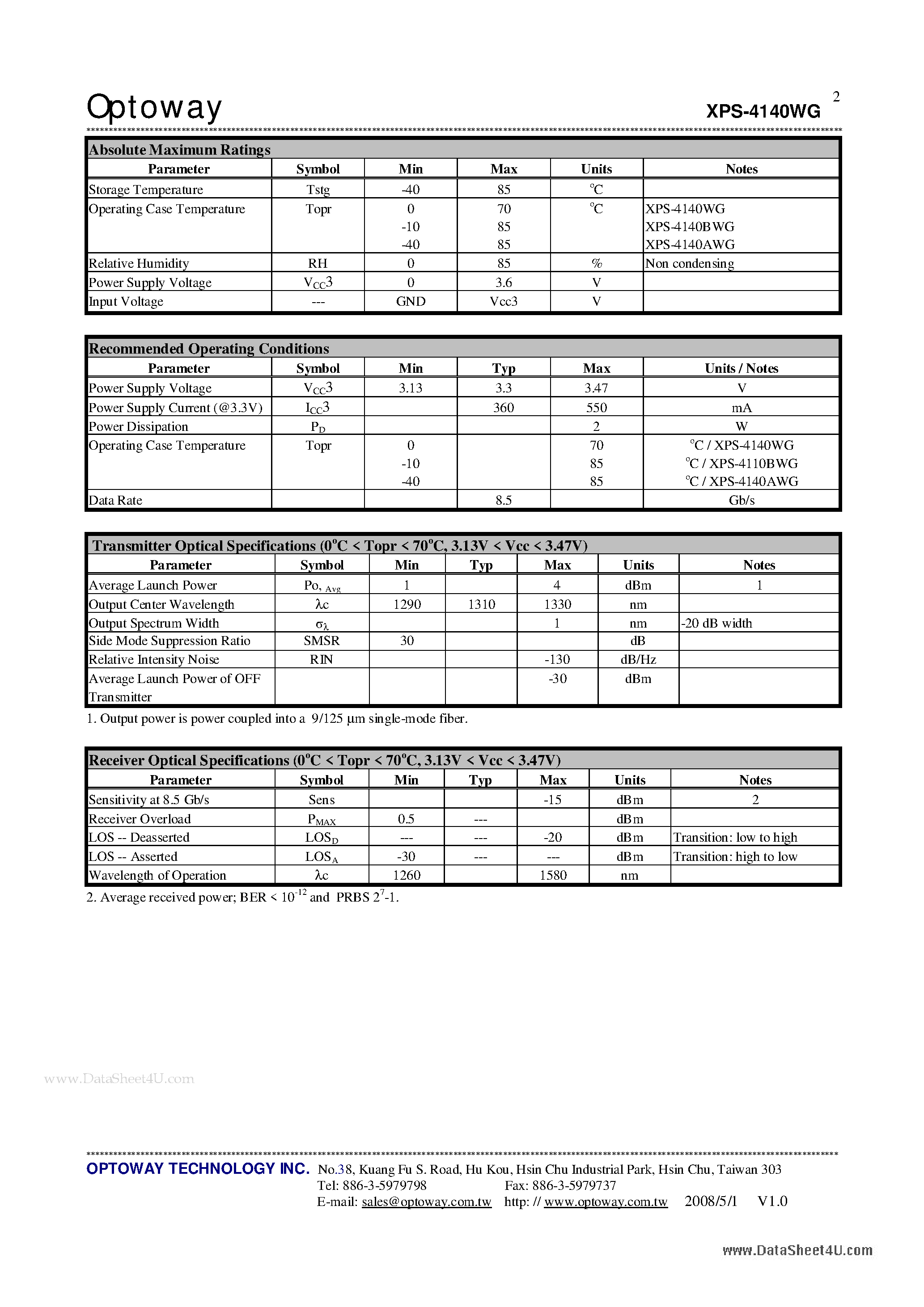 Даташит на микросхему XPS-4140AWG страница 2 Даташит XPS-4140AWG - 8.5Gb/s 1310 nm XFP Single-Mode Optical Transceiver страница 2