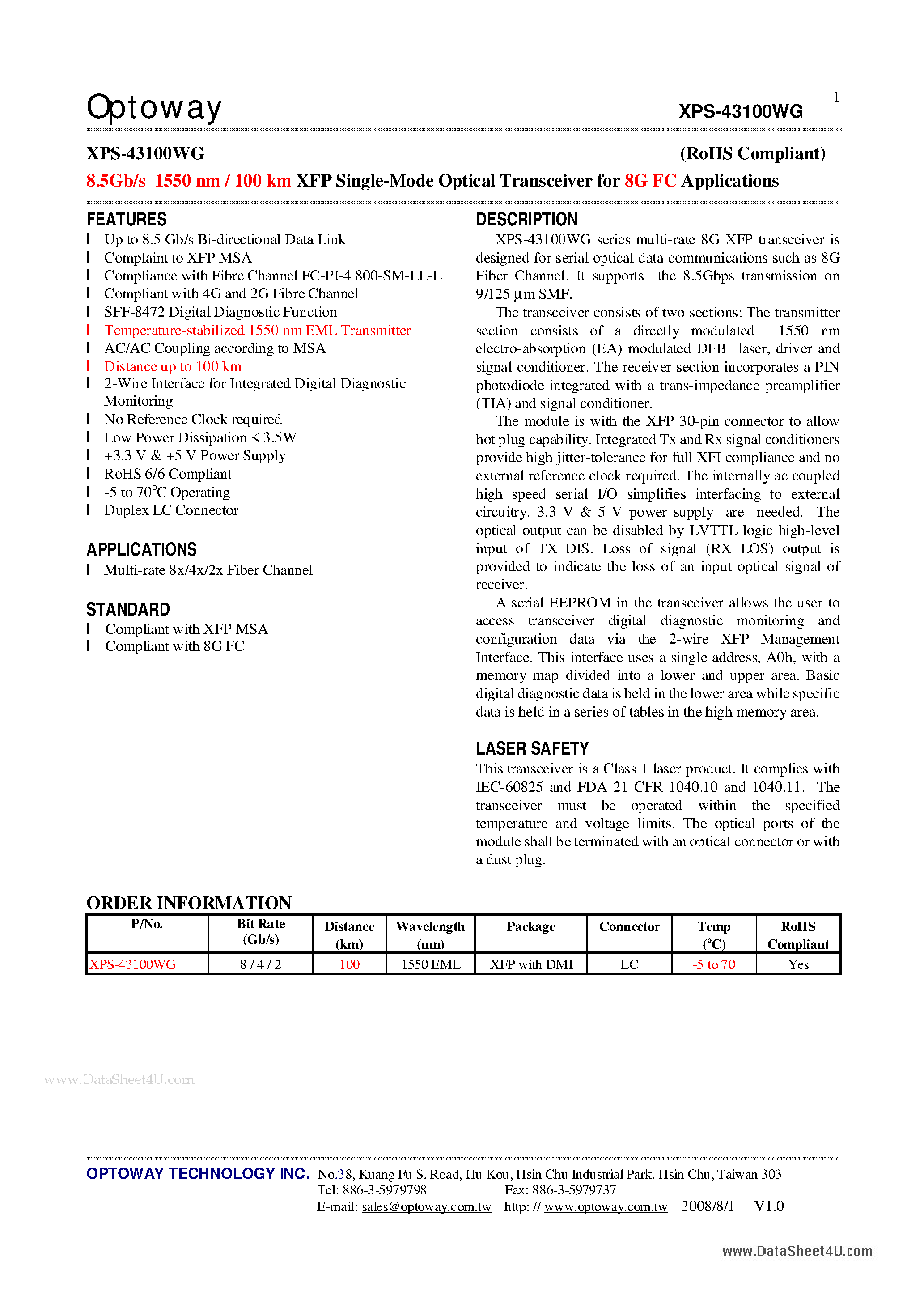 Даташит на микросхему XPS-43100WG страница 1 Даташит XPS-43100WG - 8.5Gb/s 1550 nm / 100km XFP Single-Mode Optical Transceiver страница 1
