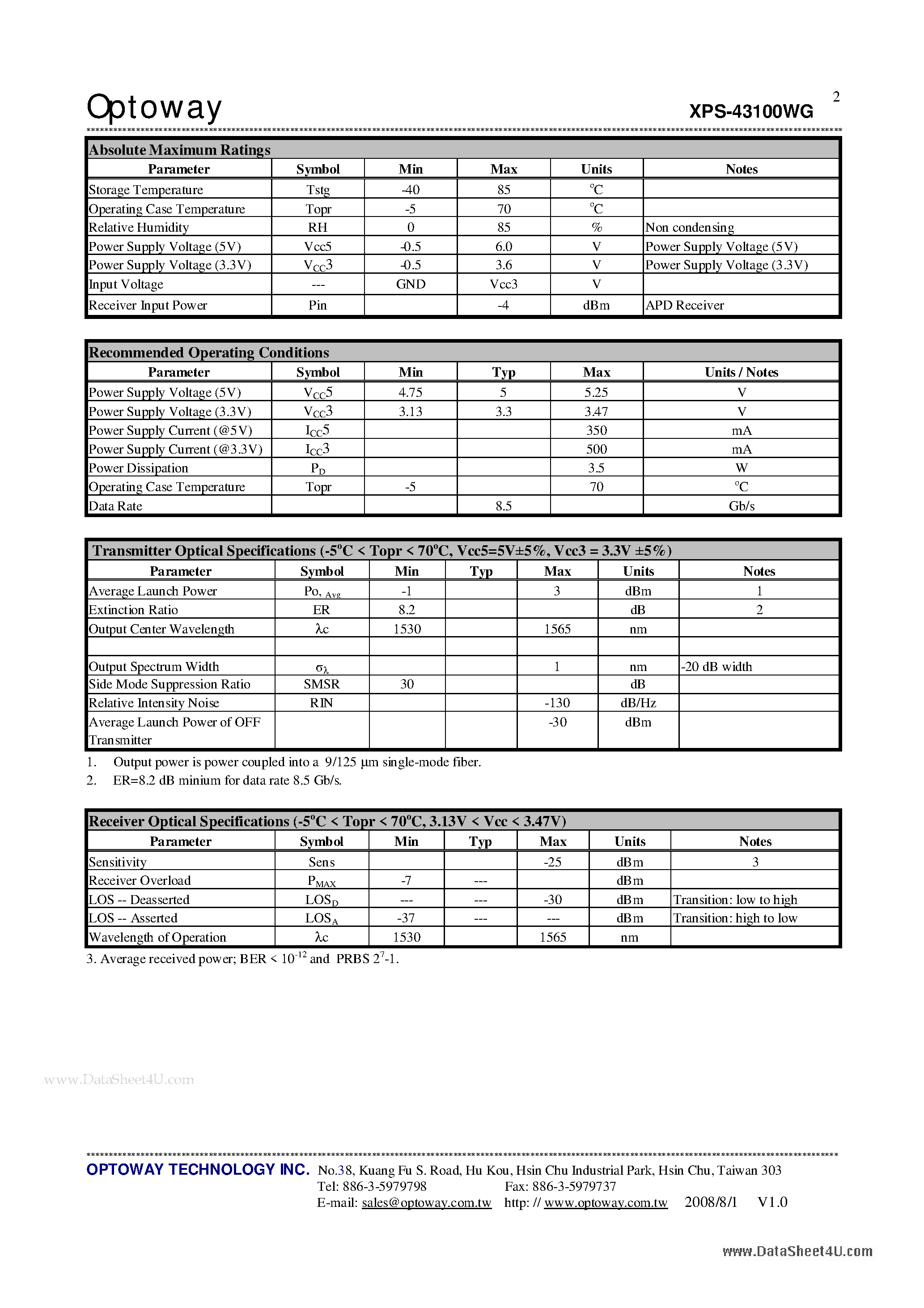 Даташит на микросхему XPS-43100WG страница 2 Даташит XPS-43100WG - 8.5Gb/s 1550 nm / 100km XFP Single-Mode Optical Transceiver страница 2