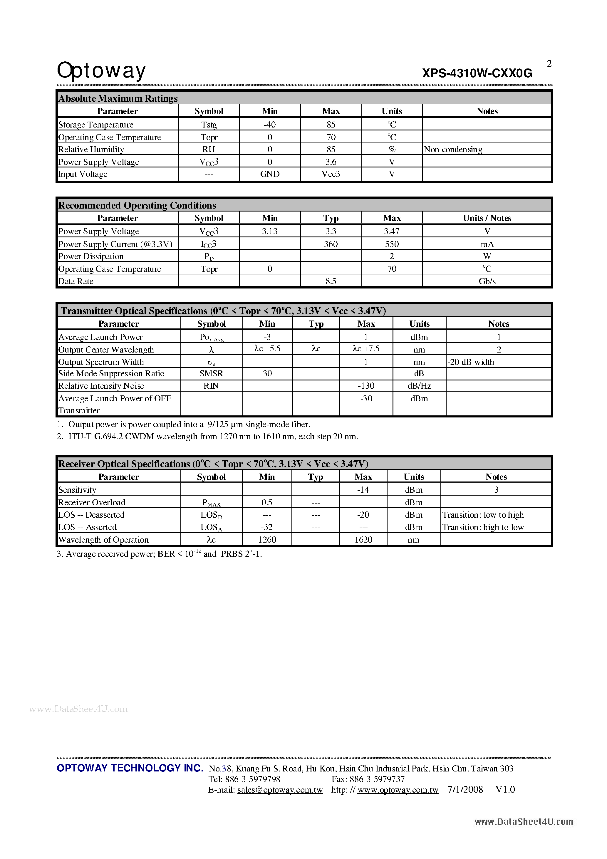 Даташит на микросхему XPS-4310W-CXX0G страница 2 Даташит XPS-4310W-CXX0G - 3.3V / CWDM / 8.5Gbps XFP Single-Mode Optical Transceiver страница 2