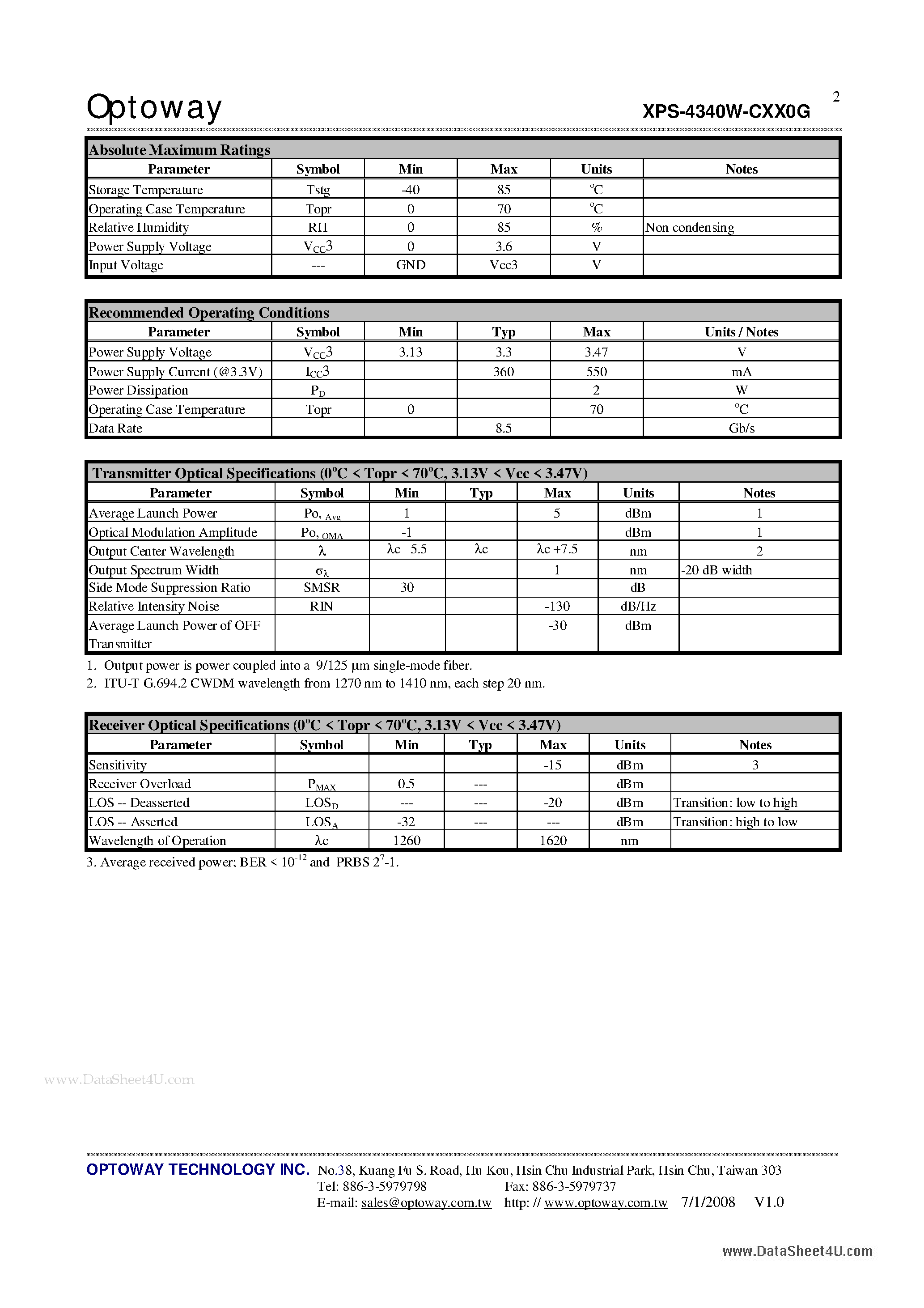 Даташит на микросхему XPS-4340W-CXX0G страница 2 Даташит XPS-4340W-CXX0G - 3.3V / CWDM / 8.5Gbps XFP Single-Mode Optical Transceiver страница 2
