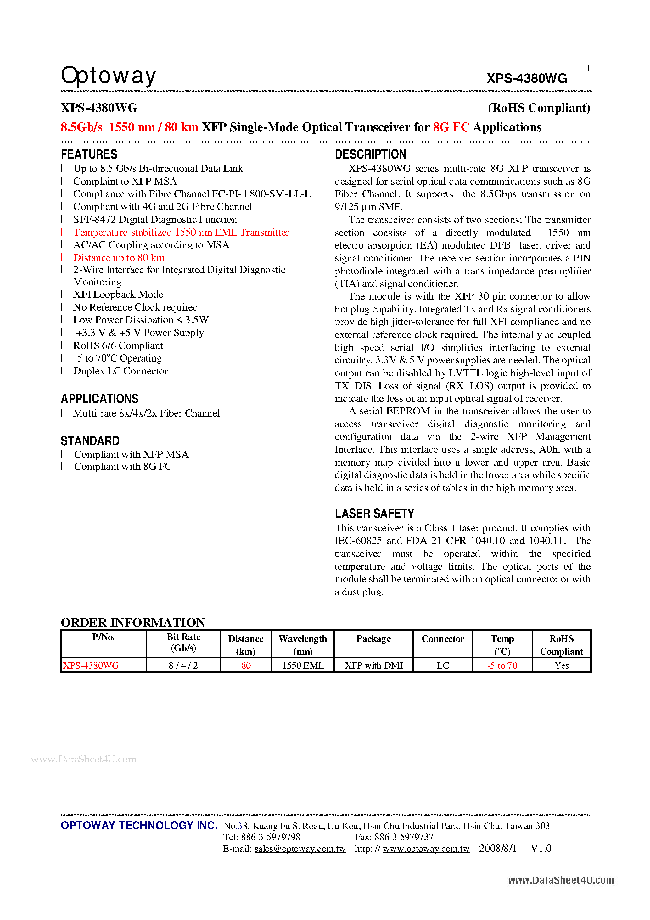 Datasheet XPS-4380WG - 8.5Gb/s 1550 nm / 80km XFP Single-Mode Optical Transceiver page 1