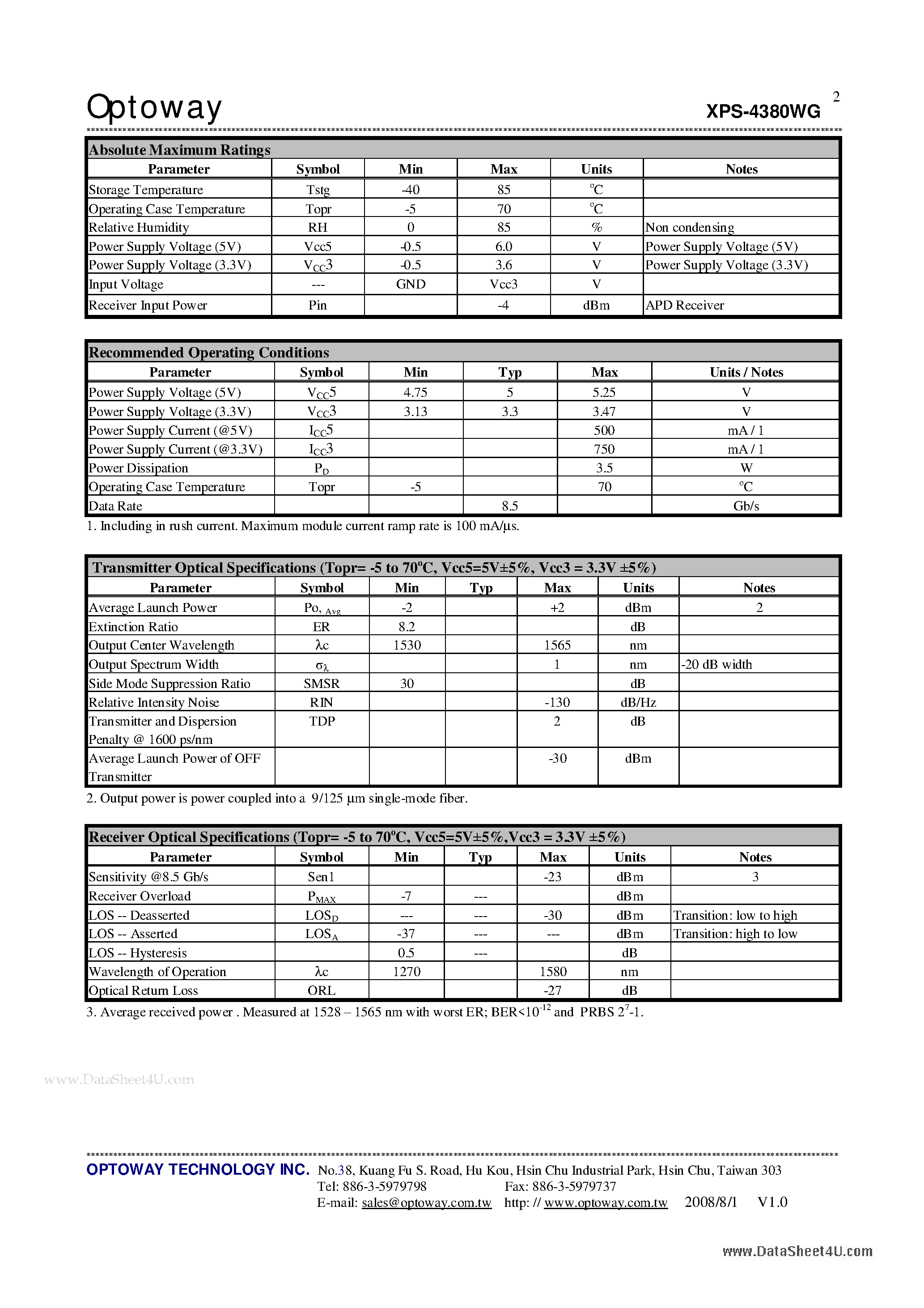 Даташит XPS-4380WG - 8.5Gb/s 1550 nm / 80km XFP Single-Mode Optical Transceiver страница 2