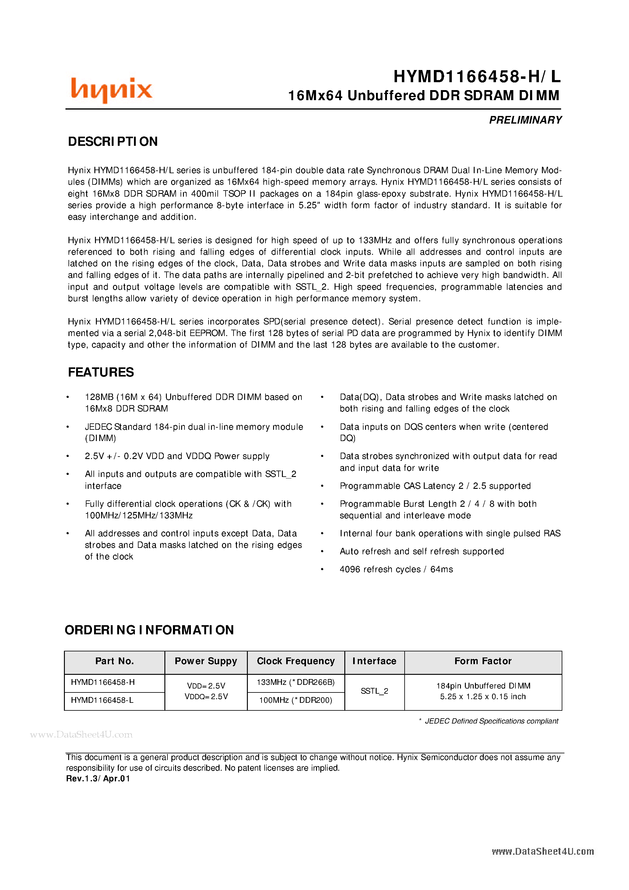 Даташит на микросхему HYMD1166458-H страница 1 Даташит HYMD1166458-H - 16Mx64 Unbuffered DDR Sdram Dimm страница 1
