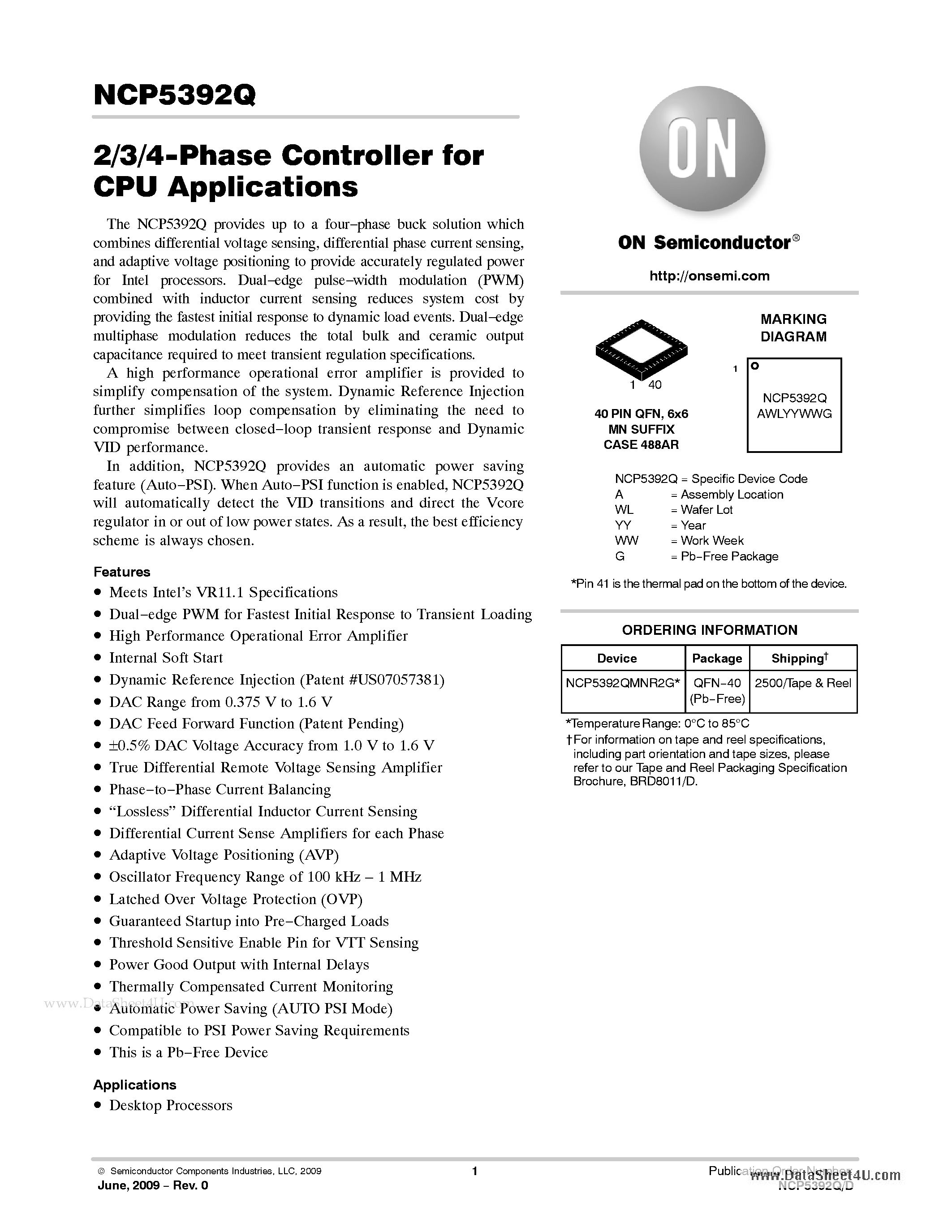 Datasheet NCP5392Q - 2/3/4-Phase Controller page 1