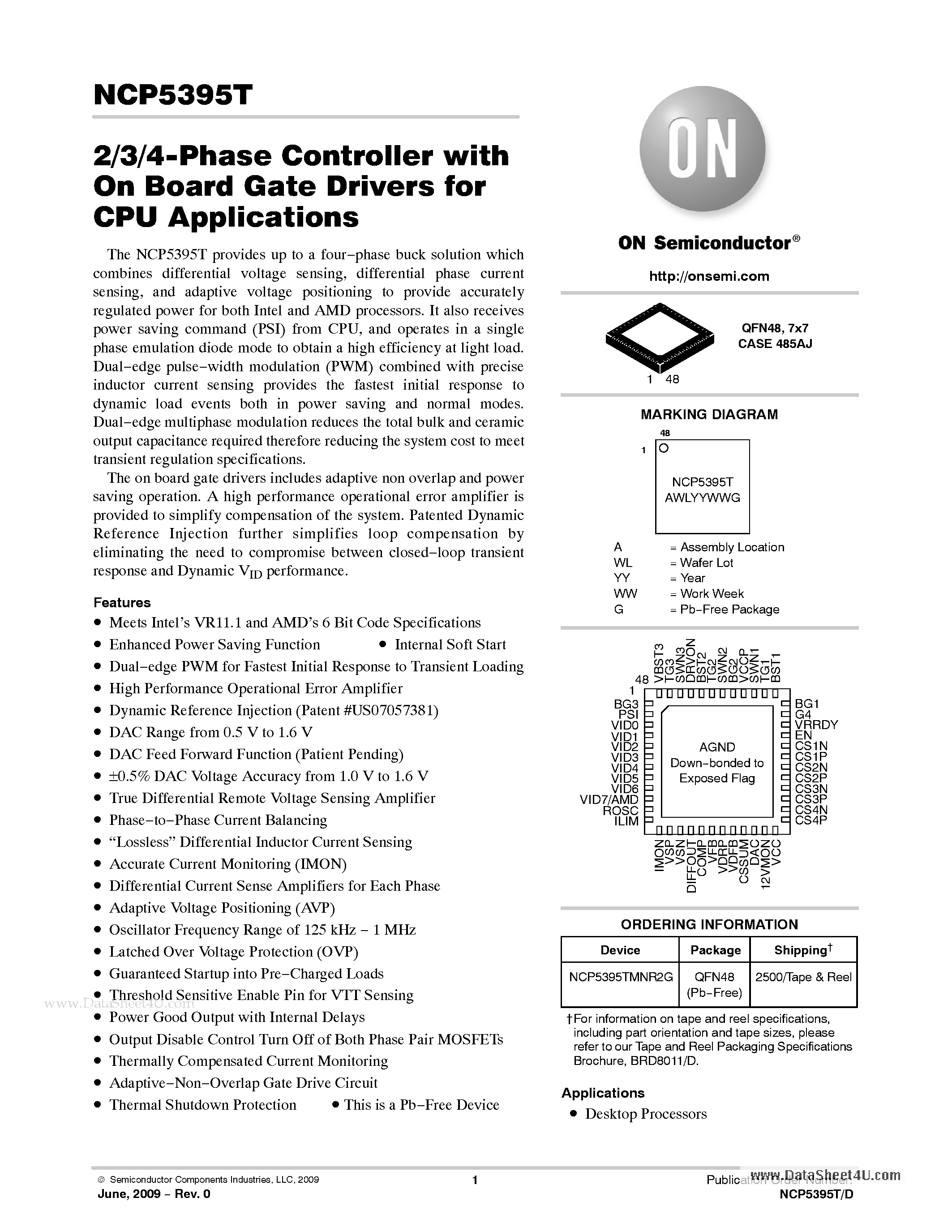 Datasheet NCP5395T - 2/3/4-Phase Controller with On Board Gate Drivers page 1