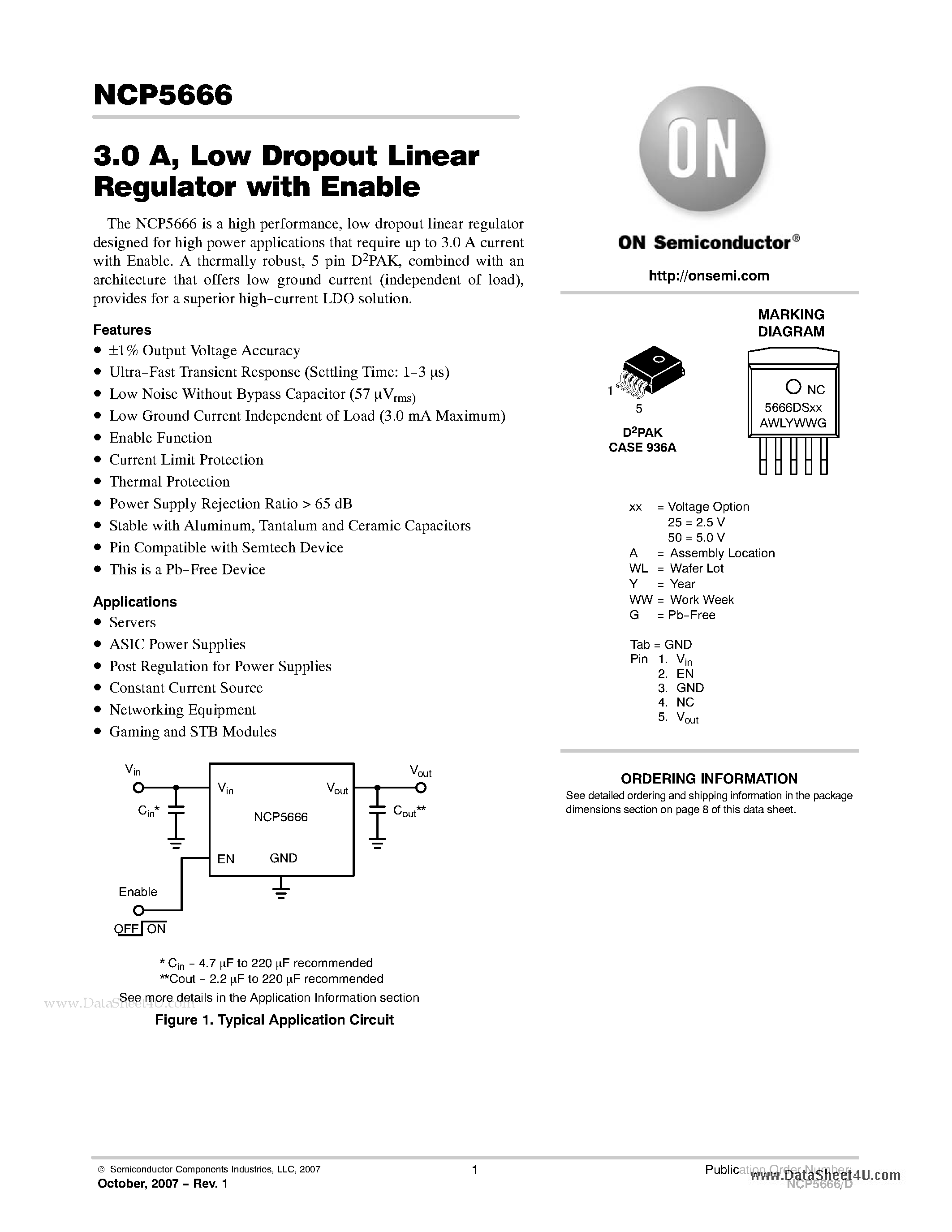 Datasheet NCP5666 - 3.0 A / Low Dropout Linear Regulator page 1