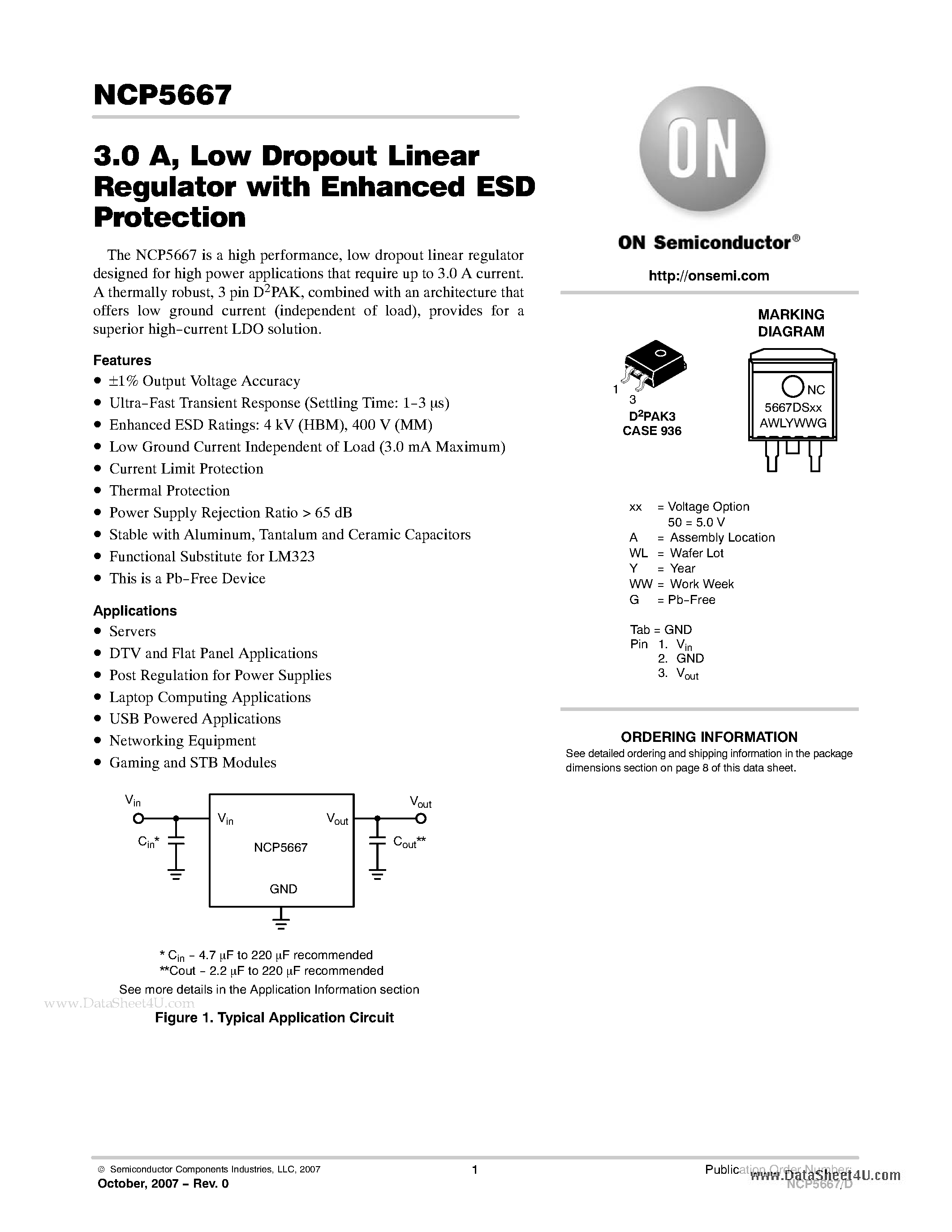 Datasheet NCP5667 - 3.0 A / Low Dropout Linear Regulator page 1