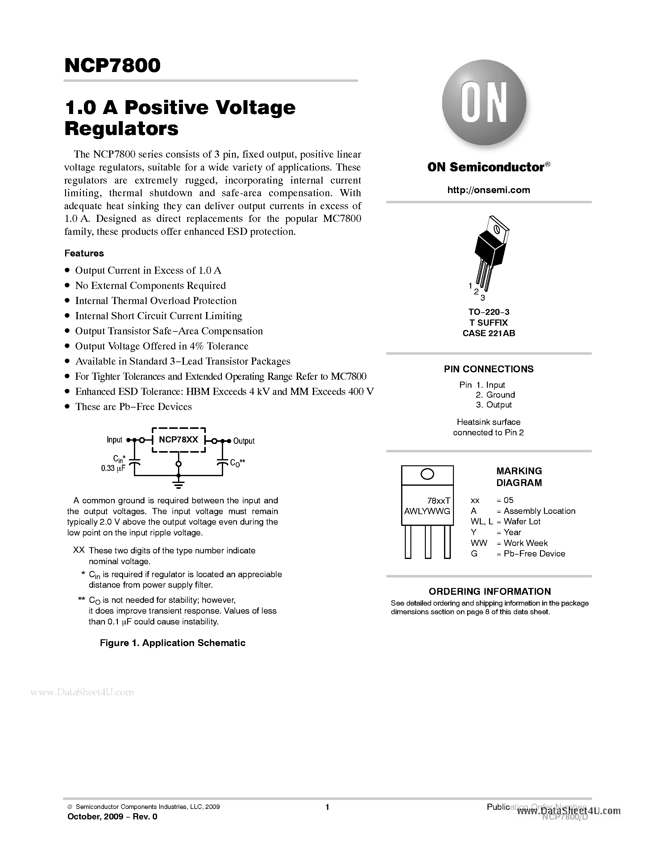 Datasheet NCP7800 - 1.0 A Positive Voltage Regulators page 1