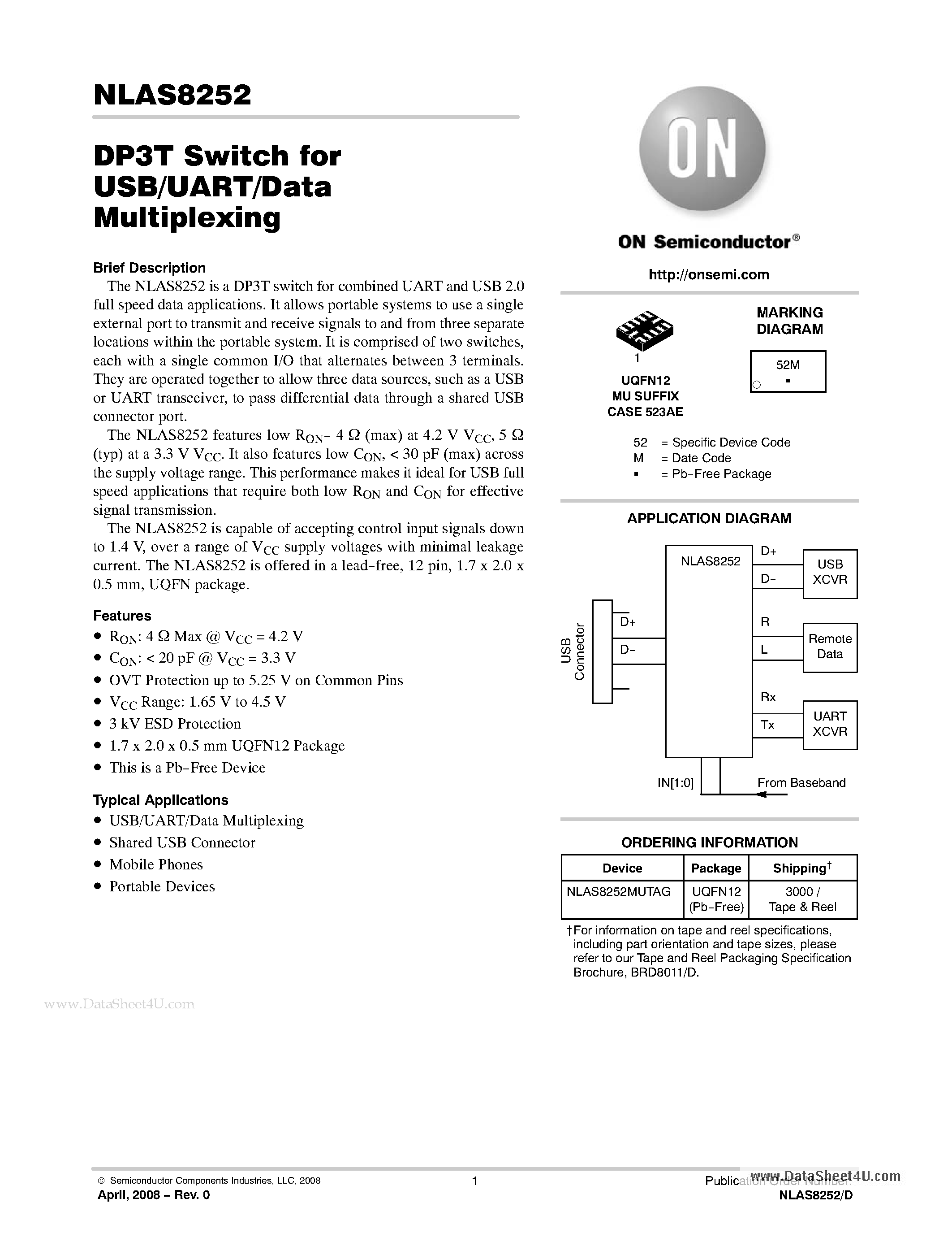 Datasheet NLAS8252 page 1 Datasheet NLAS8252 - DP3T Switch page 1