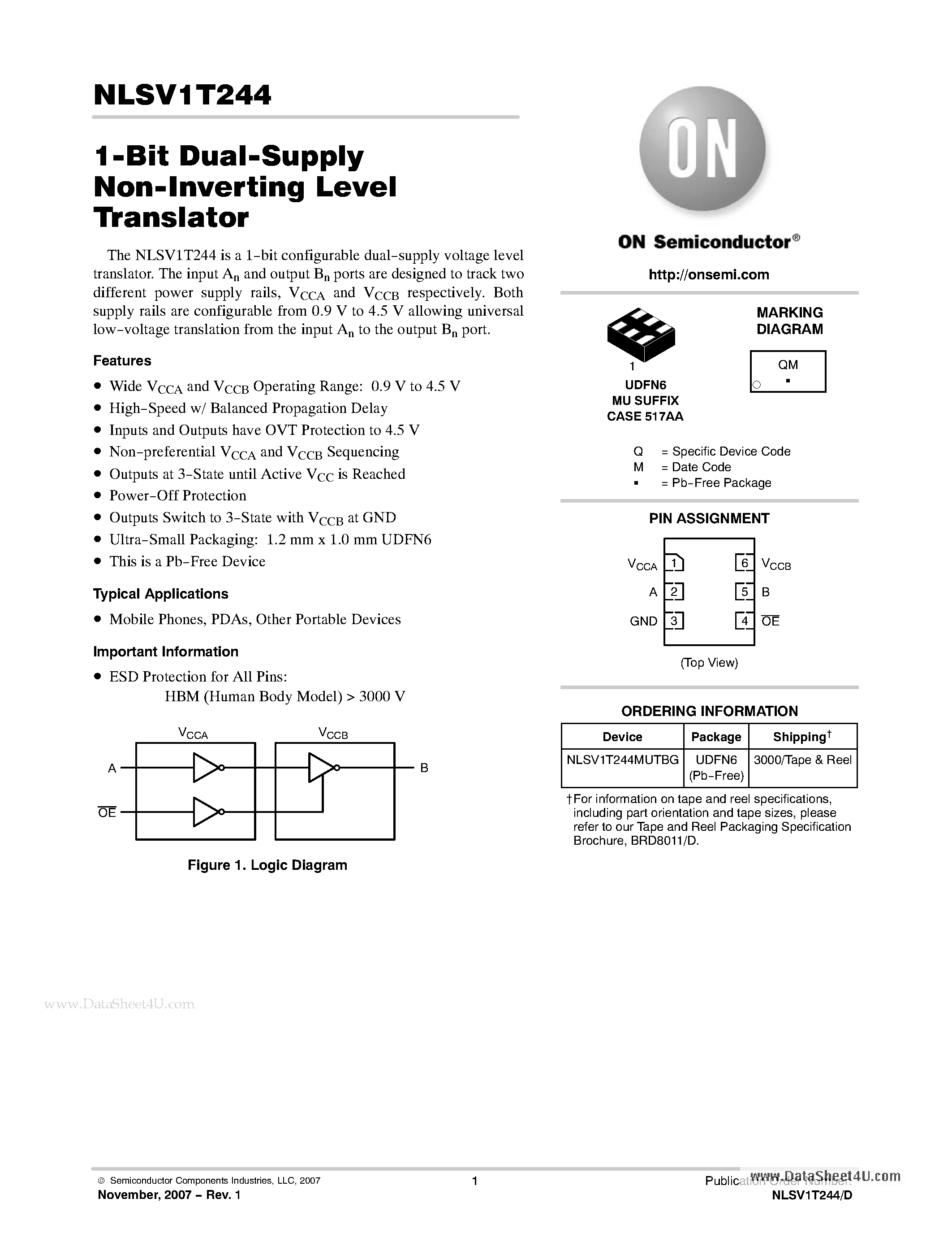 Datasheet NLSV1T244 - 1-Bit Dual-Supply Non-Inverting Level Translator page 1
