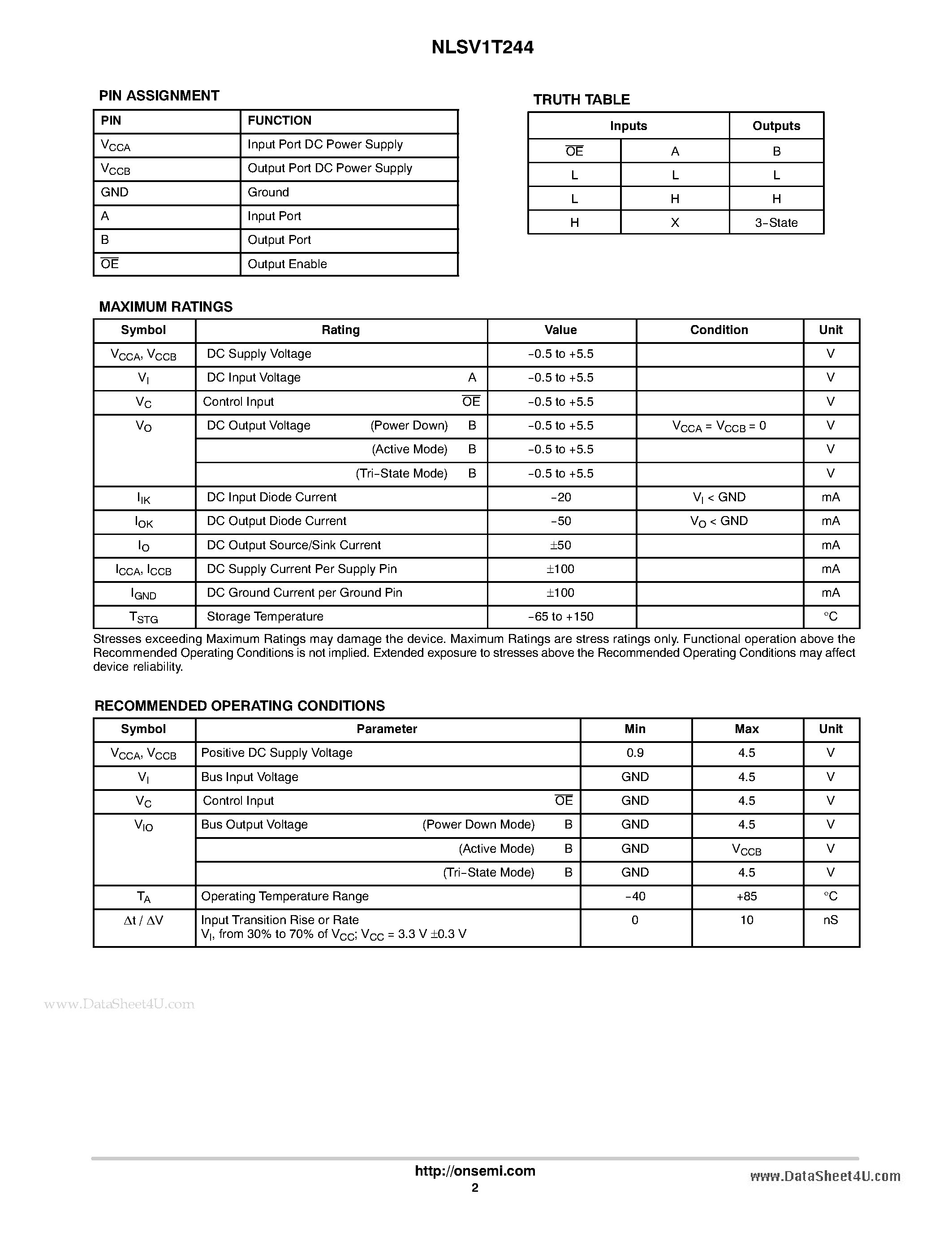 Datasheet NLSV1T244 - 1-Bit Dual-Supply Non-Inverting Level Translator page 2