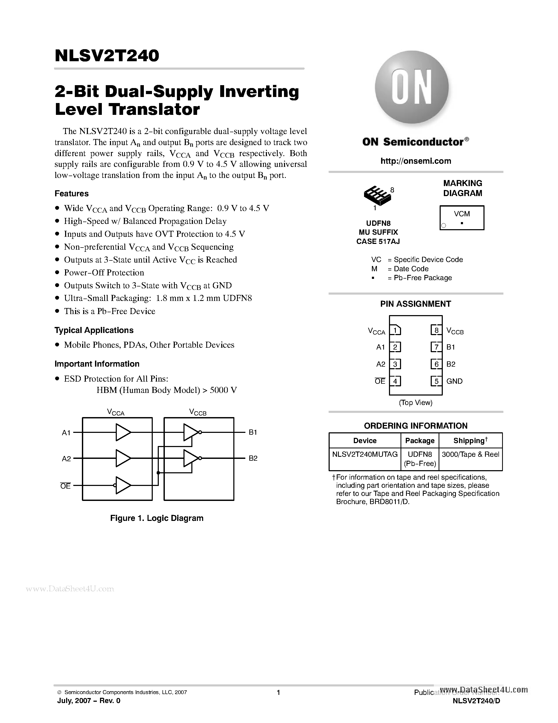 Datasheet NLSV2T240 - 2-Bit Dual-Supply Non-Inverting Level Translator page 1