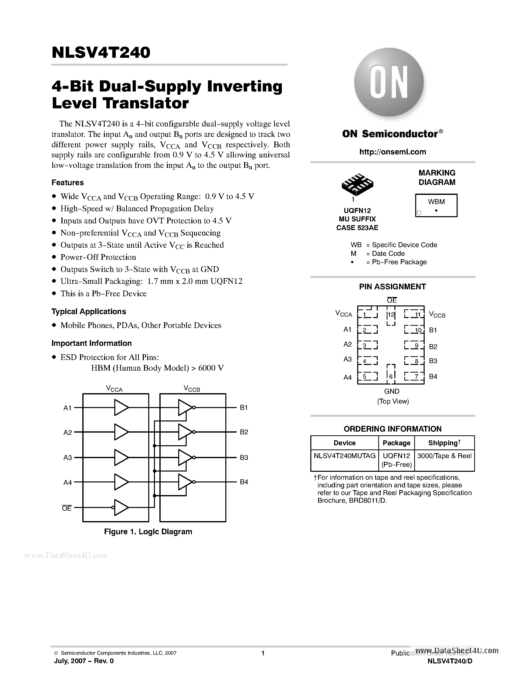 Datasheet NLSV4T240 - 4-Bit Dual-Supply Non-Inverting Level Translator page 1