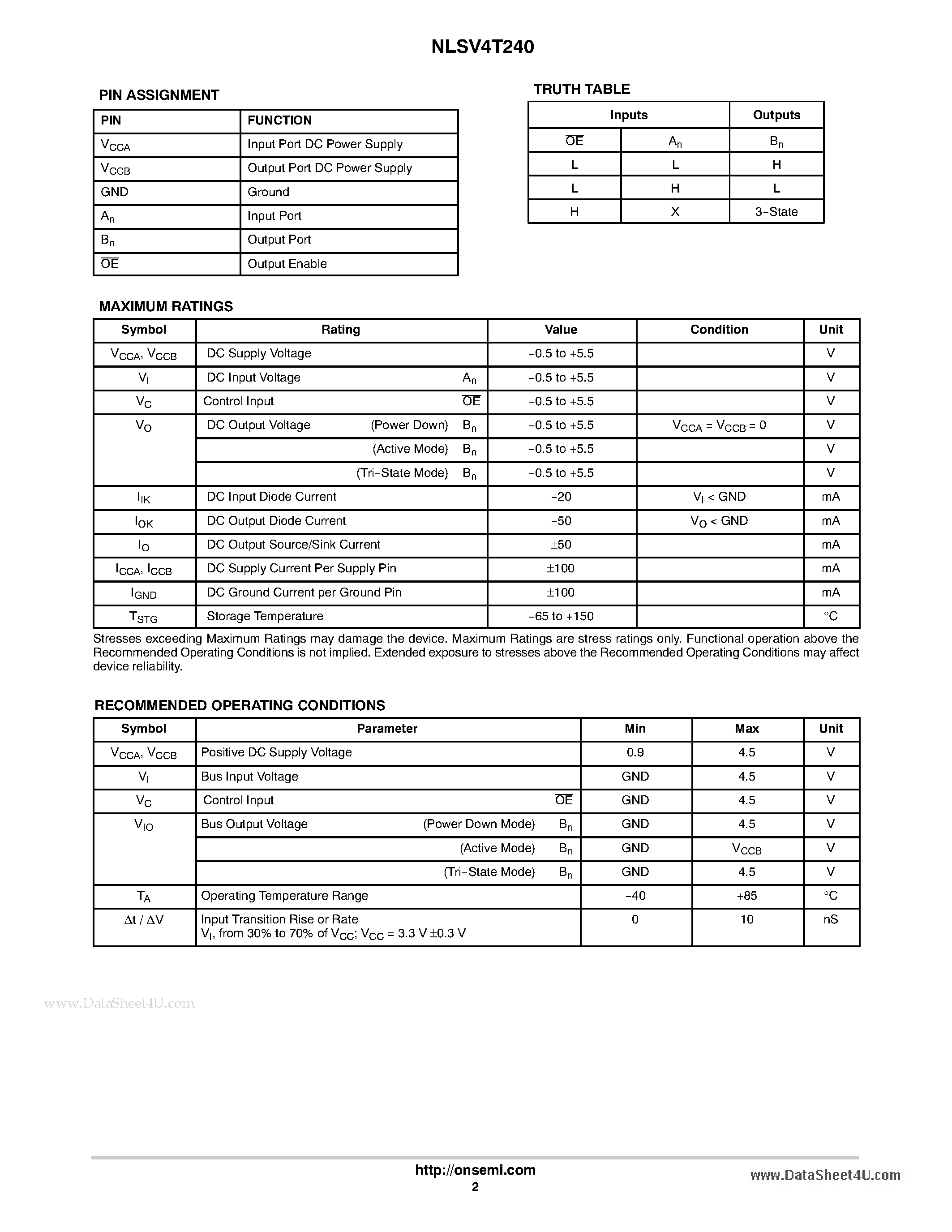 Datasheet NLSV4T240 - 4-Bit Dual-Supply Non-Inverting Level Translator page 2