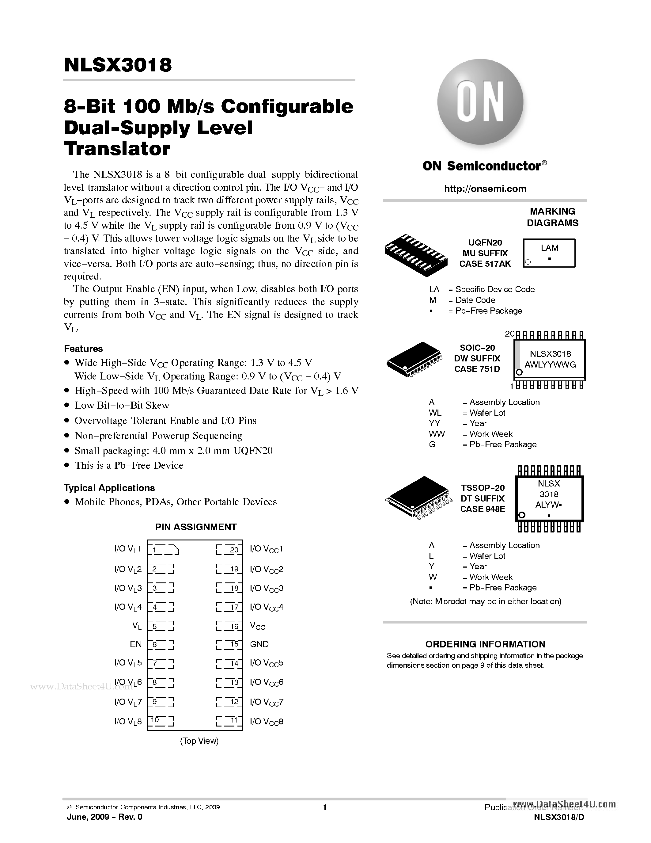 Datasheet NLSX3018 - 8-Bit 100 Mb/s Configurable Dual-Supply Level Translator page 1