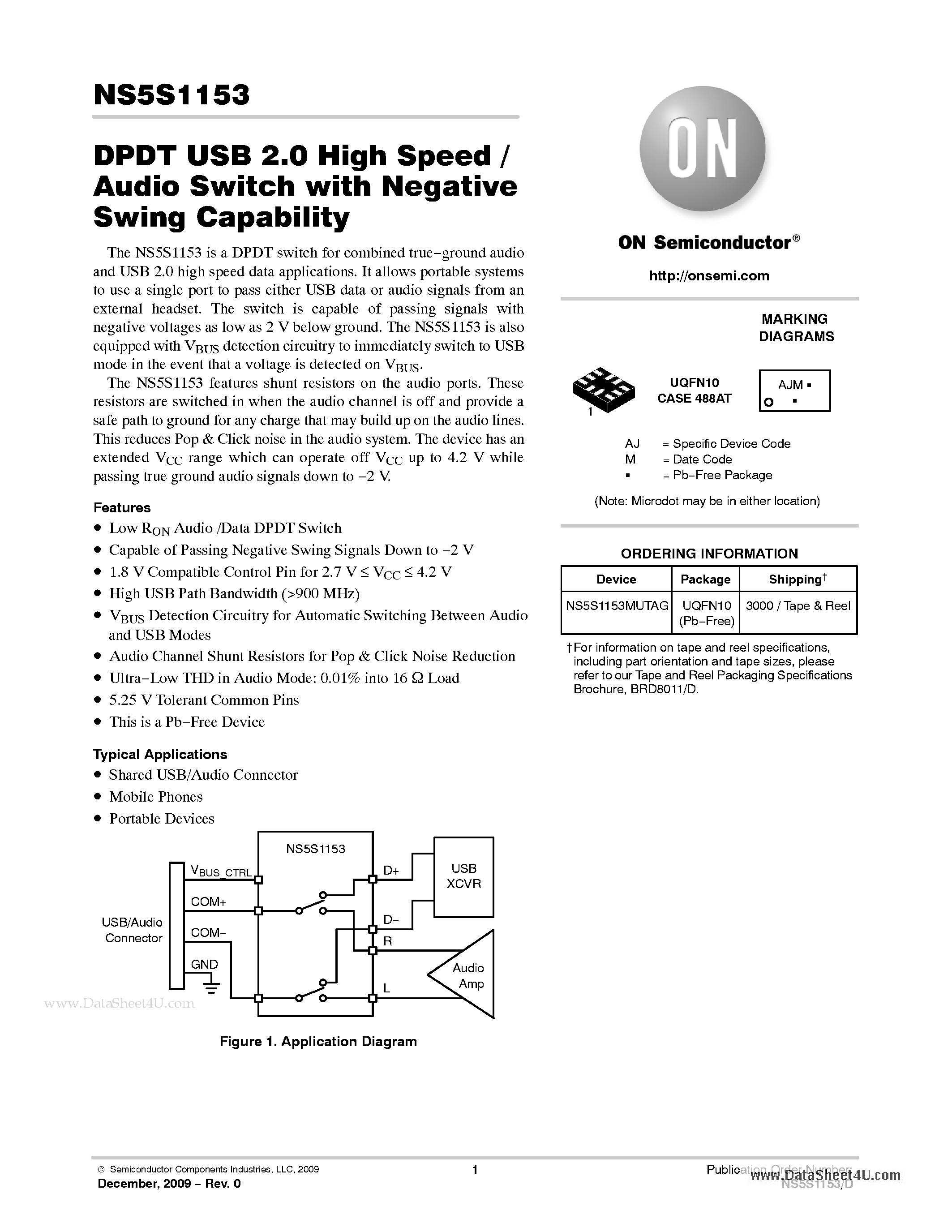 Datasheet NS5S1153 - DPDT USB 2.0 High Speed / Audio Switch page 1
