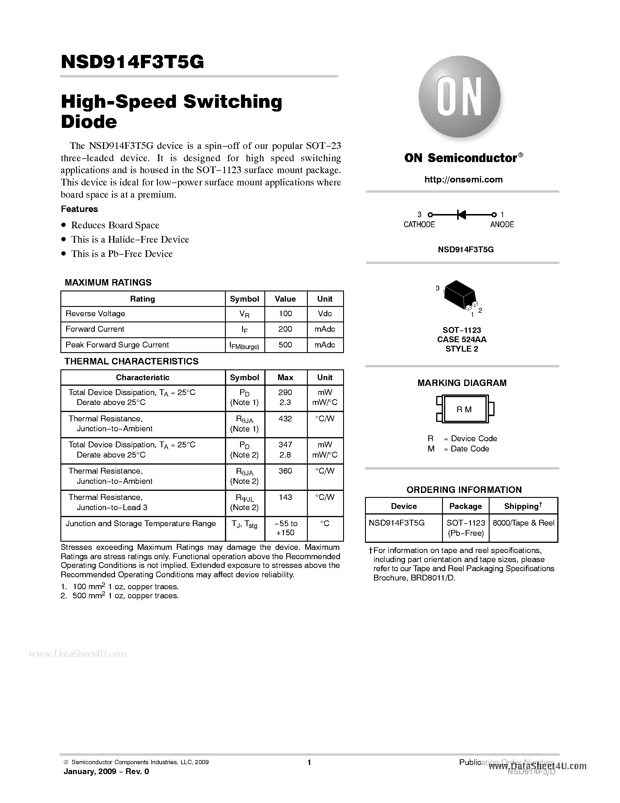 Datasheet NSD914F3T5G page 1 Datasheet NSD914F3T5G - High-Speed Switching Diode page 1