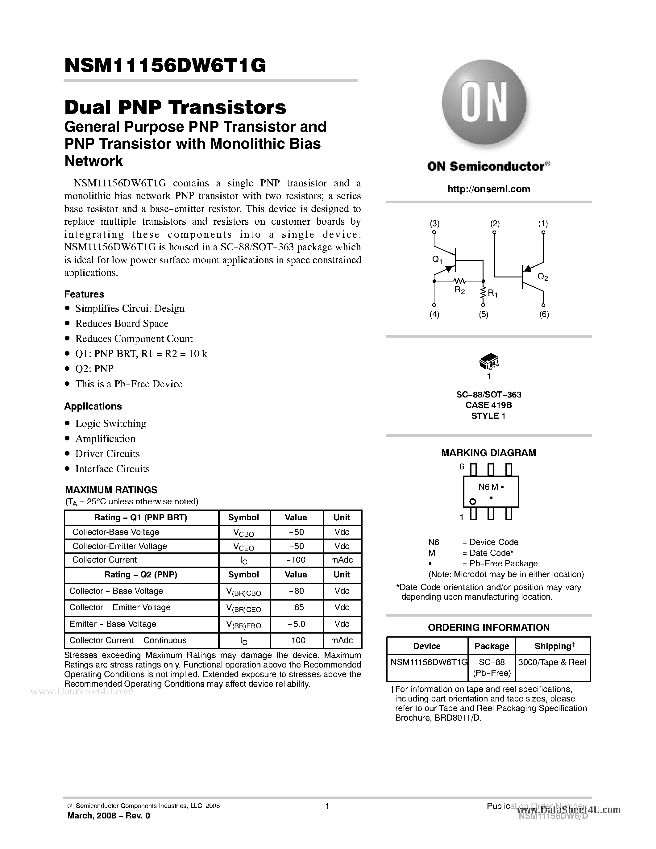 Datasheet NSM11156DW6T1G - Dual PNP Transistors page 1