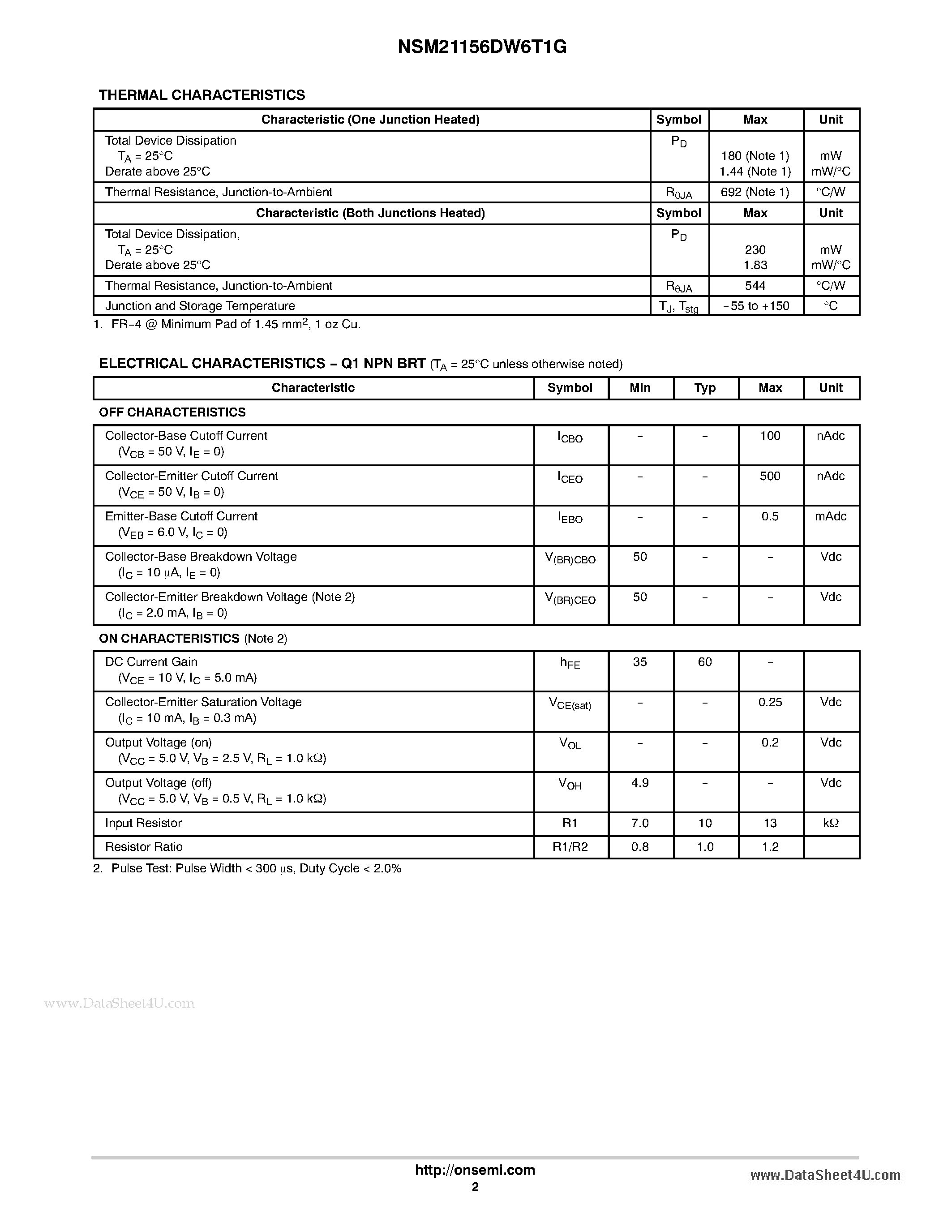 Datasheet NSM21156DW6T1G - Dual Complementary Transistors page 2