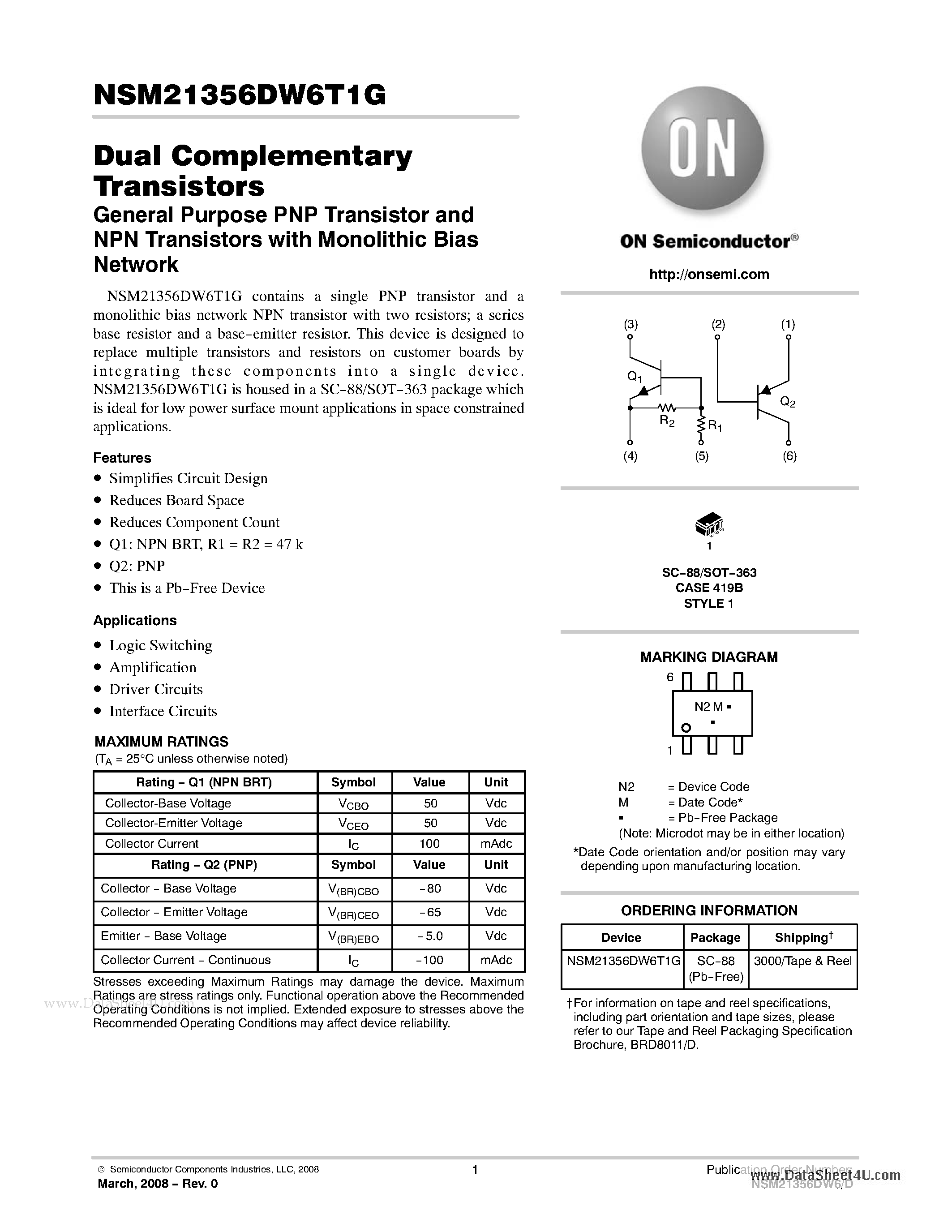 Datasheet NSM21356DW6T1G - Dual Complementary Transistors page 1