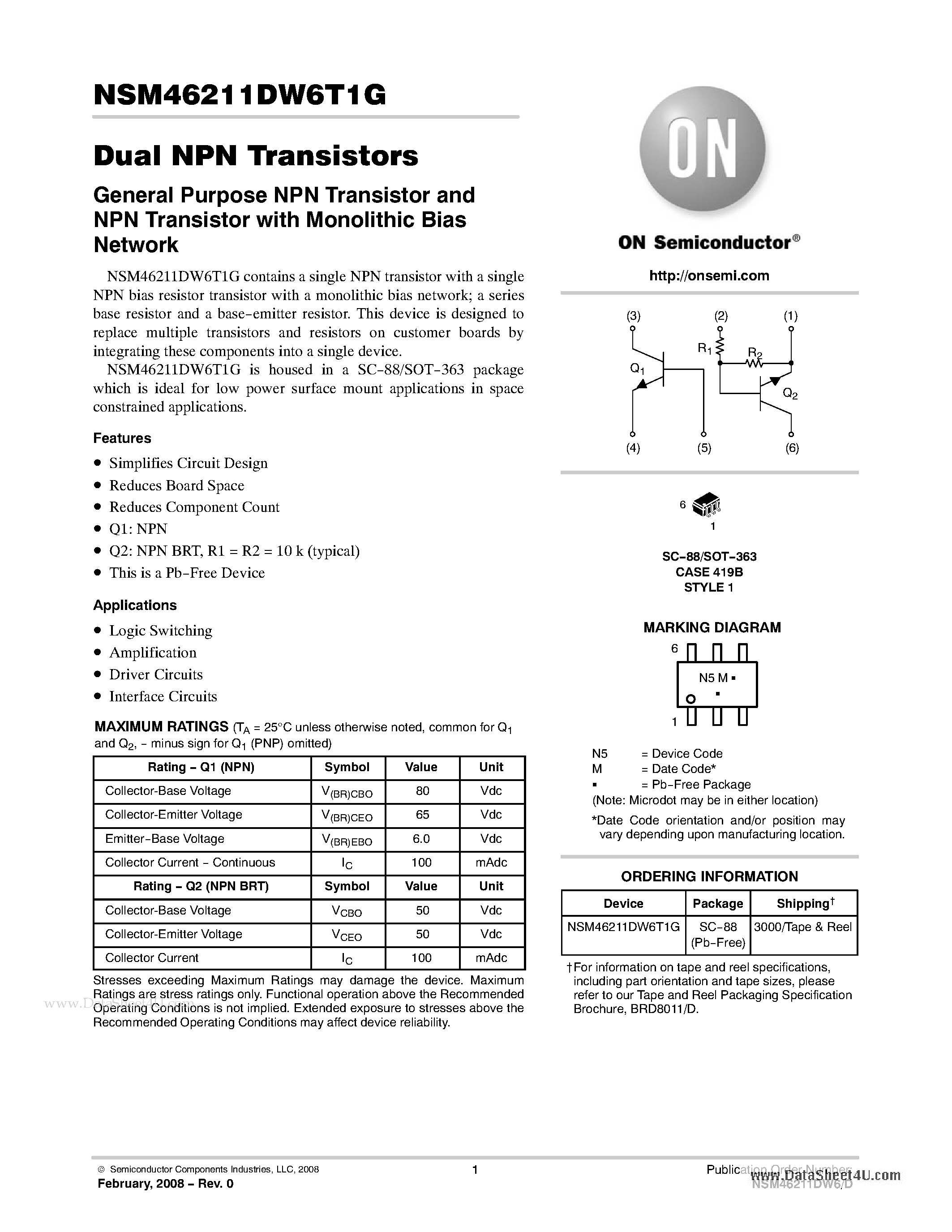 Datasheet NSM46211DW6T1G - Dual NPN Transistors page 1