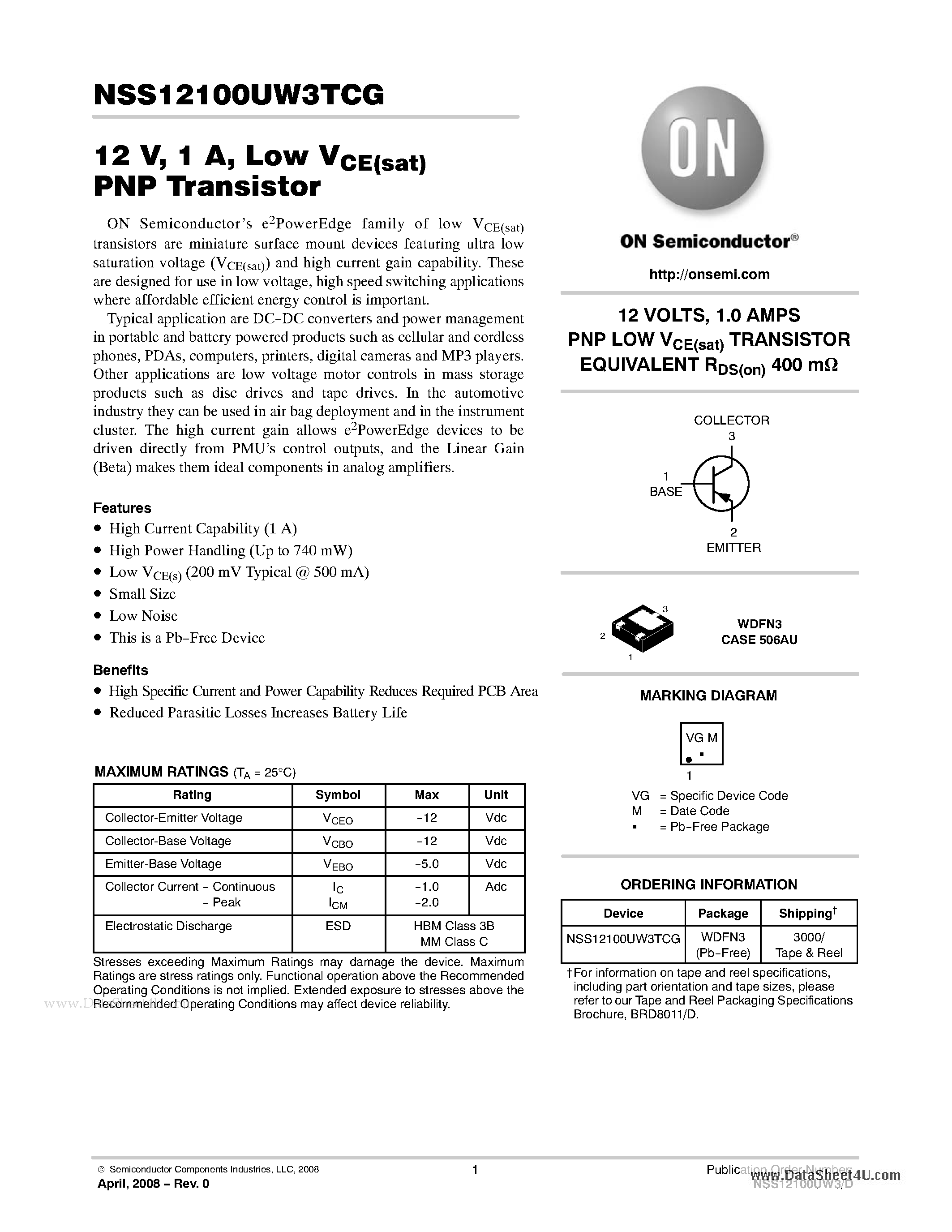 Даташит на микросхему NSS12100UW3TCG страница 1 Даташит NSS12100UW3TCG - 12 V 1 A / Low VCE(sat) PNP Transistor страница 1