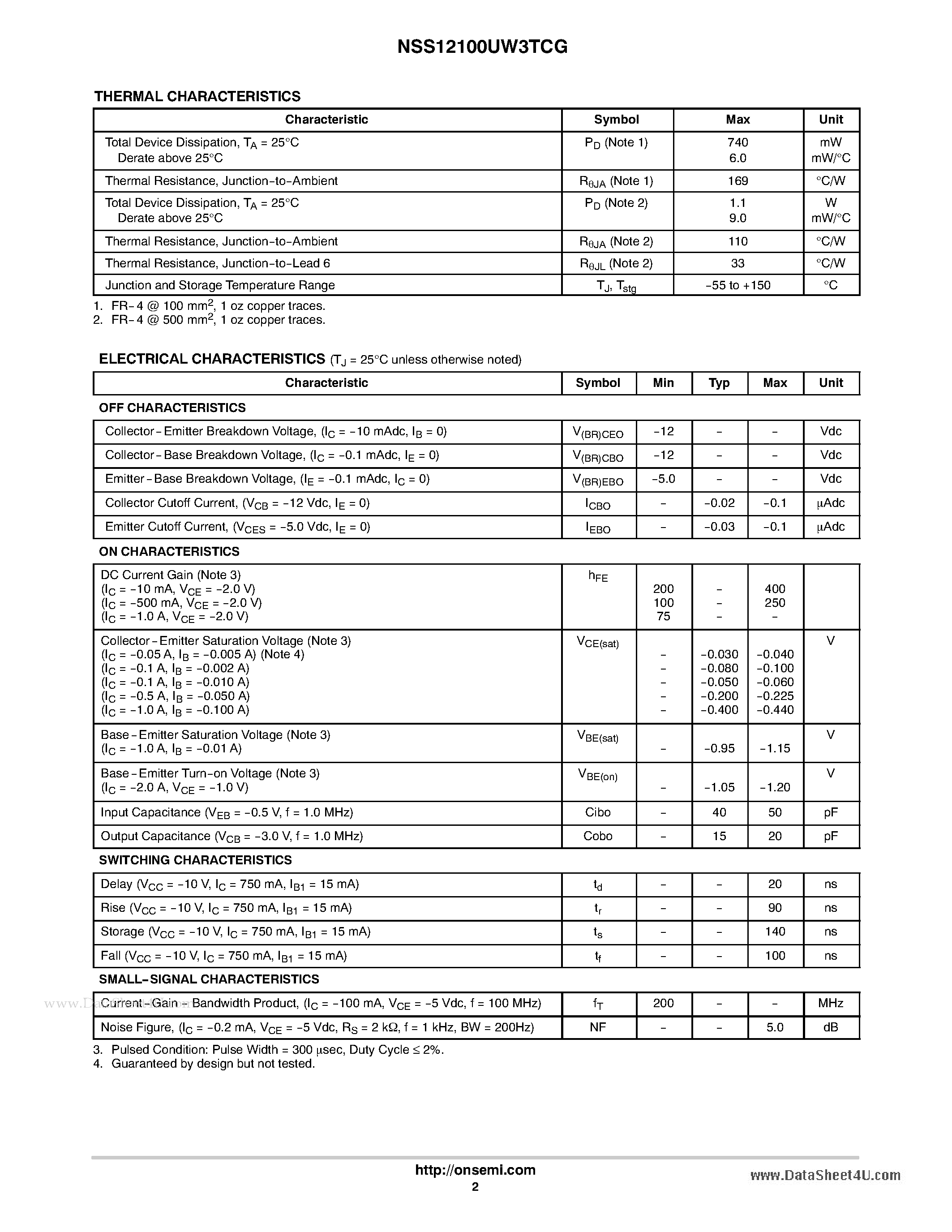 Даташит на микросхему NSS12100UW3TCG страница 2 Даташит NSS12100UW3TCG - 12 V 1 A / Low VCE(sat) PNP Transistor страница 2
