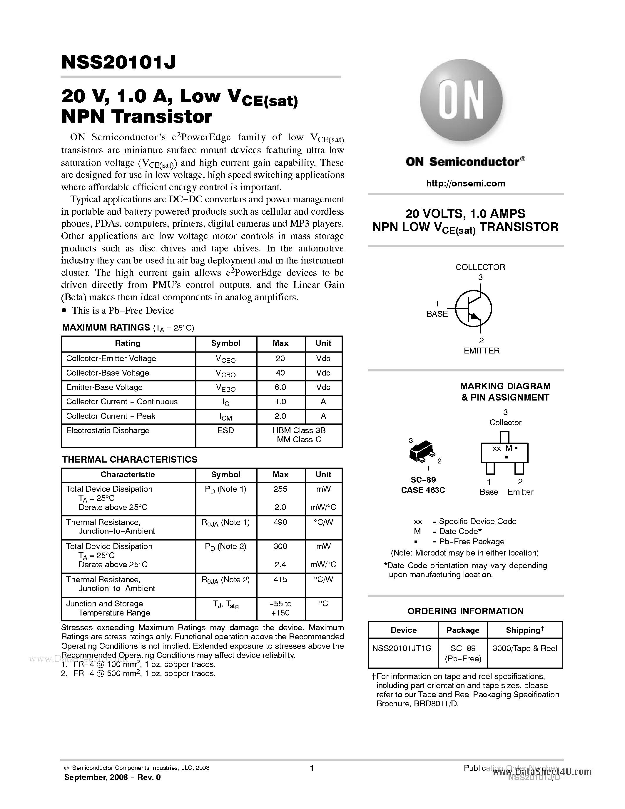 Даташит на микросхему NSS20101J страница 1 Даташит NSS20101J - 20 V 1.0 A / Low VCE(sat) NPN Transistor страница 1