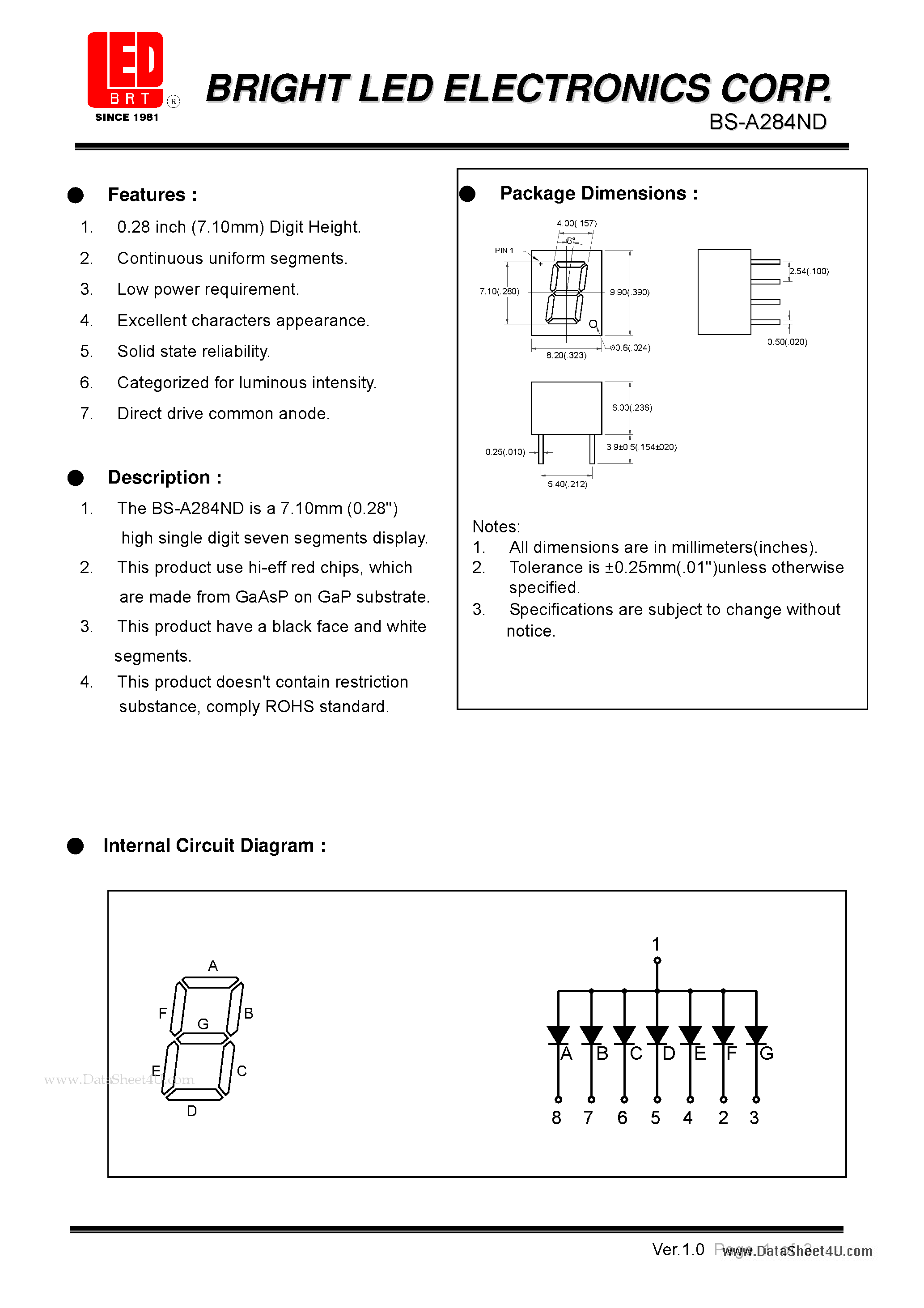 Datasheet BS-A284ND - 7.10mm (0.28) high single segments dispaly page 1
