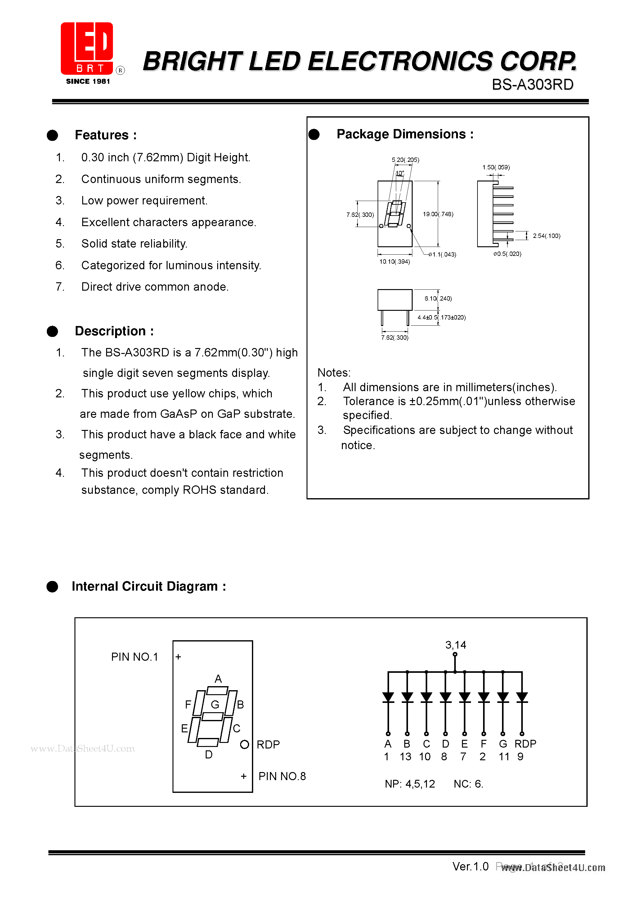 Datasheet BS-A303RD - 7.62mm (0.30) high single digit seven segments dispaly page 1